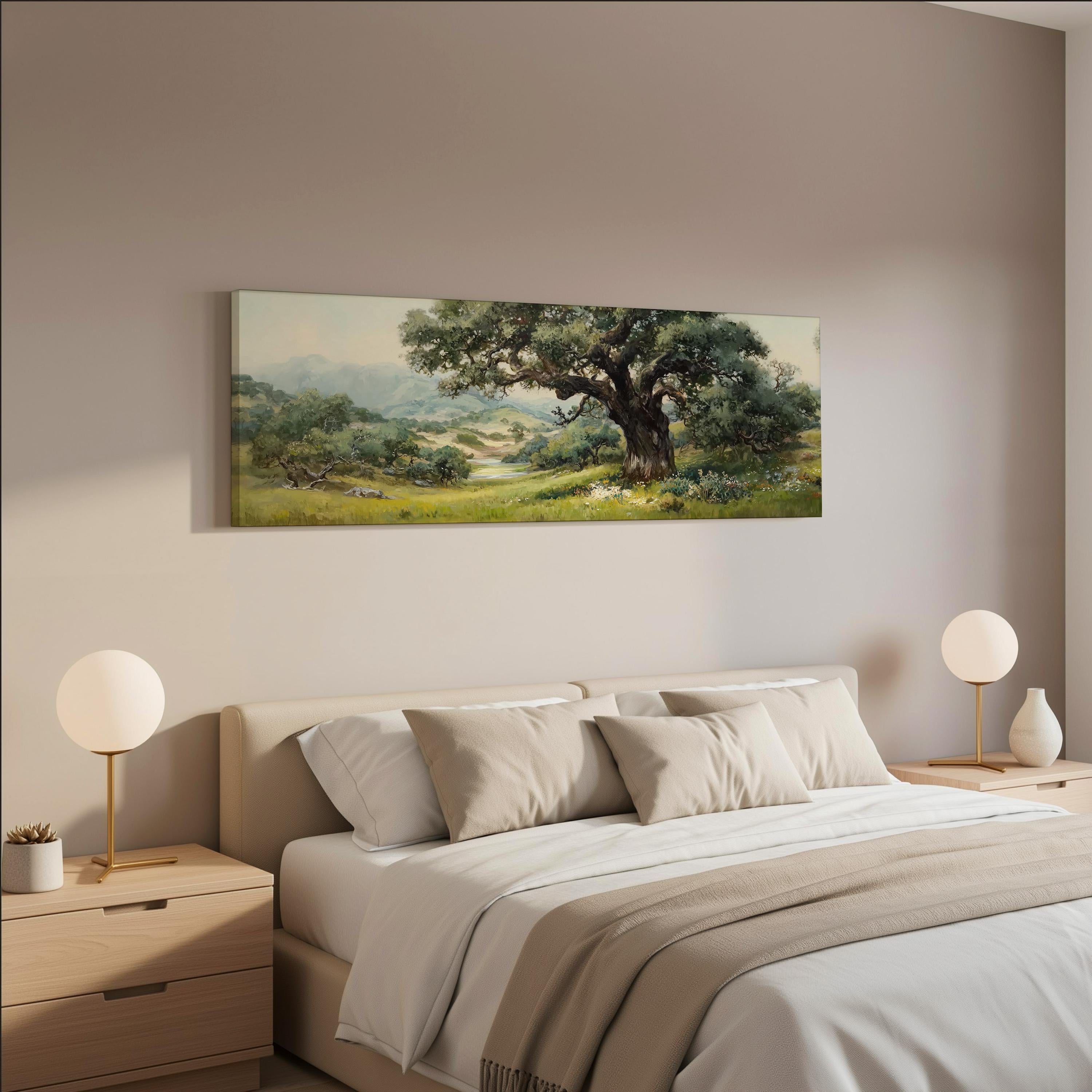 a serene bedroom scene with a large bed, two nightstands with lamps, and a painting of a lush green landscape hanging on the wall above the bed.