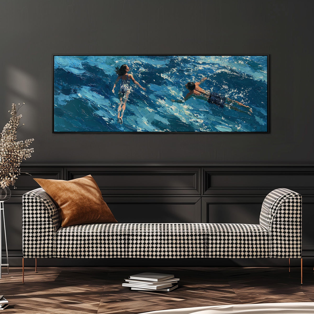 Two swimmers in turquoise waves wide panoramic canvas print above a bench in a dark living room