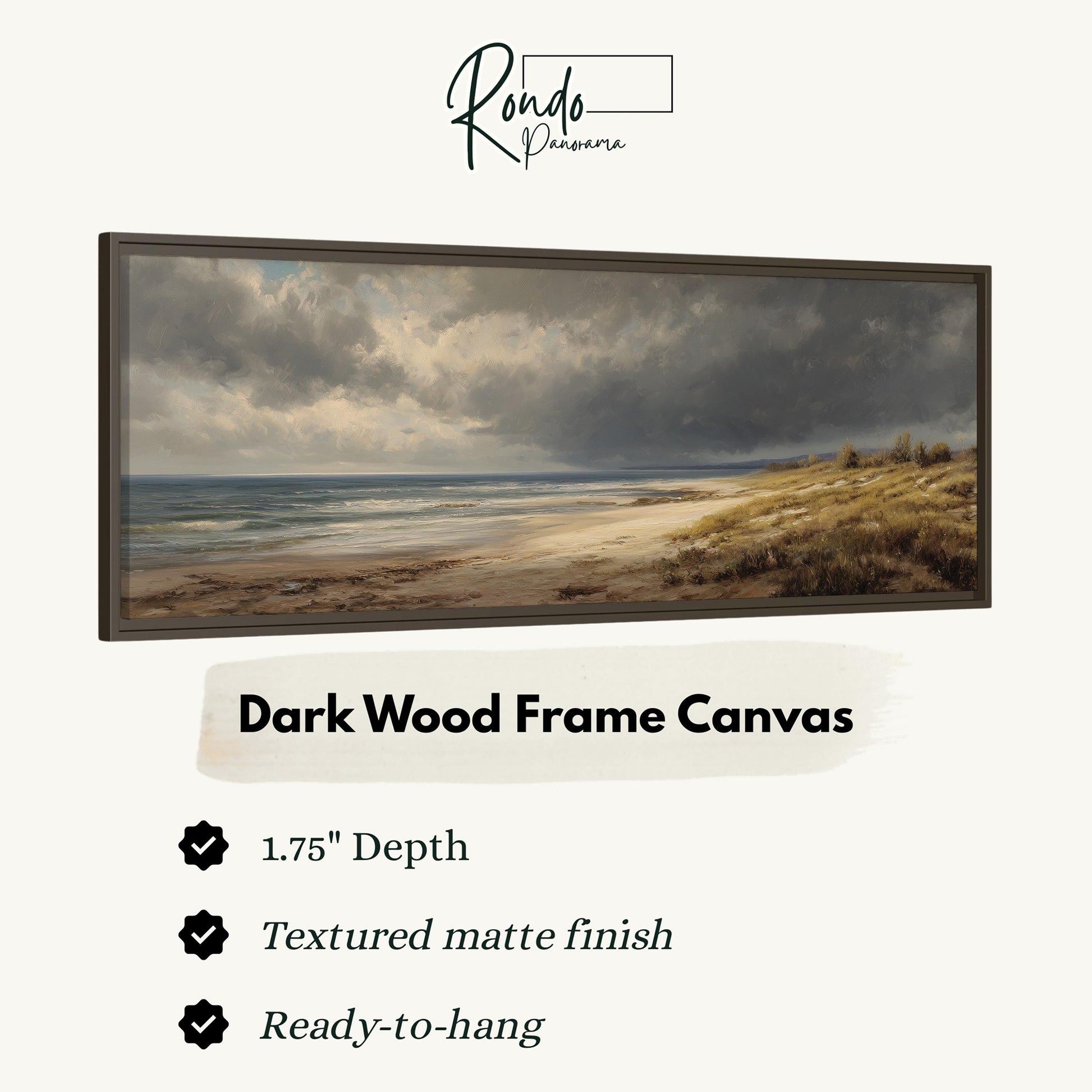 The image is a dark wood frame canvas depicting a serene beach scene with a cloudy sky.