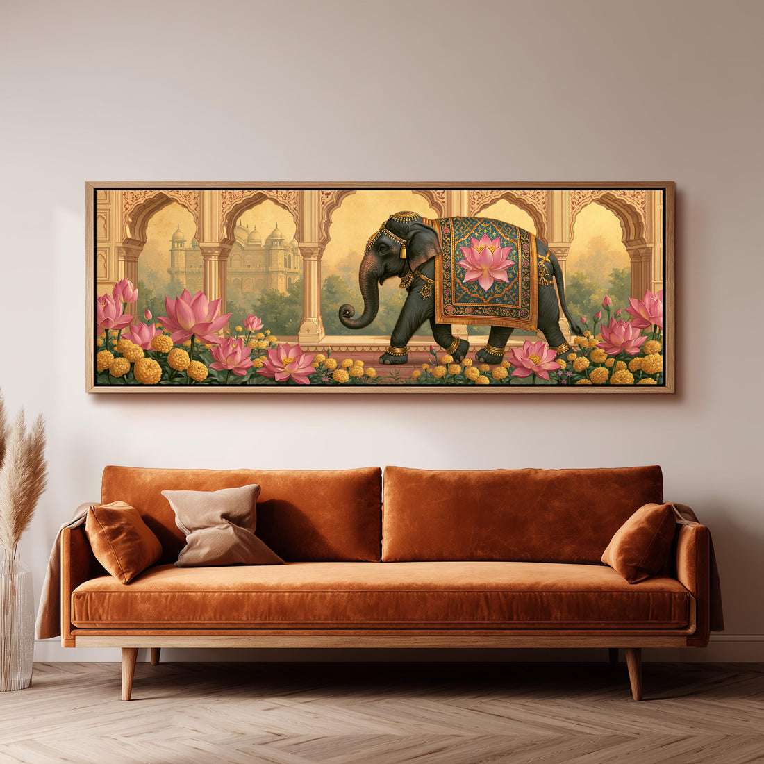 Royal elephant beneath palace arches long horizontal canvas print above a sofa in a living room