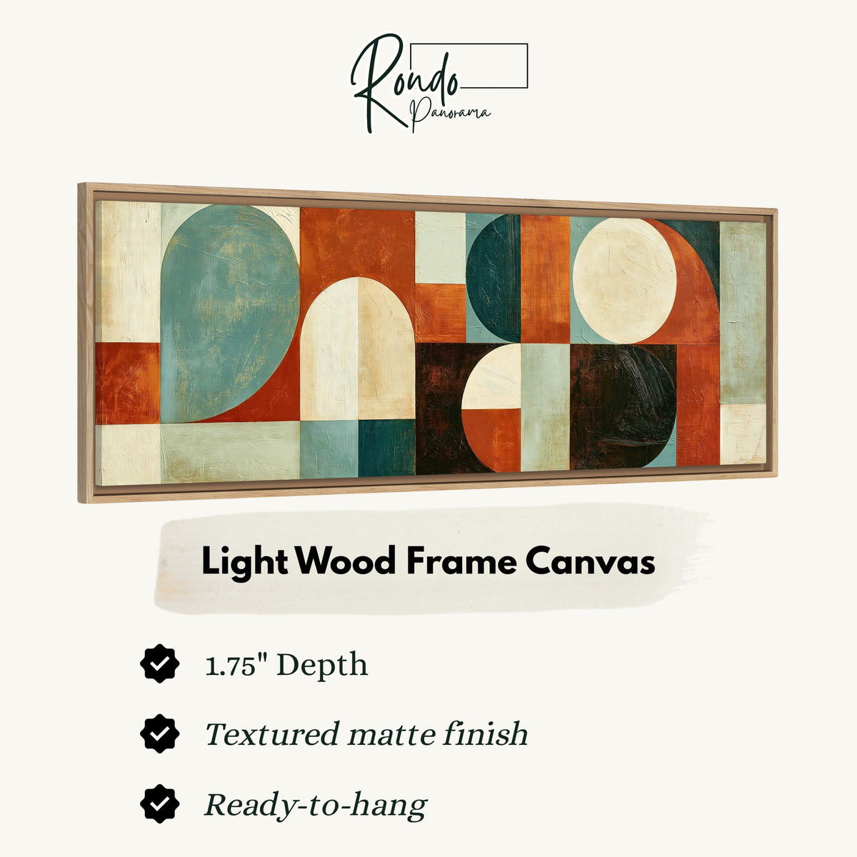 Teal and rust arch and circle shapes canvas print in a light wood floating frame