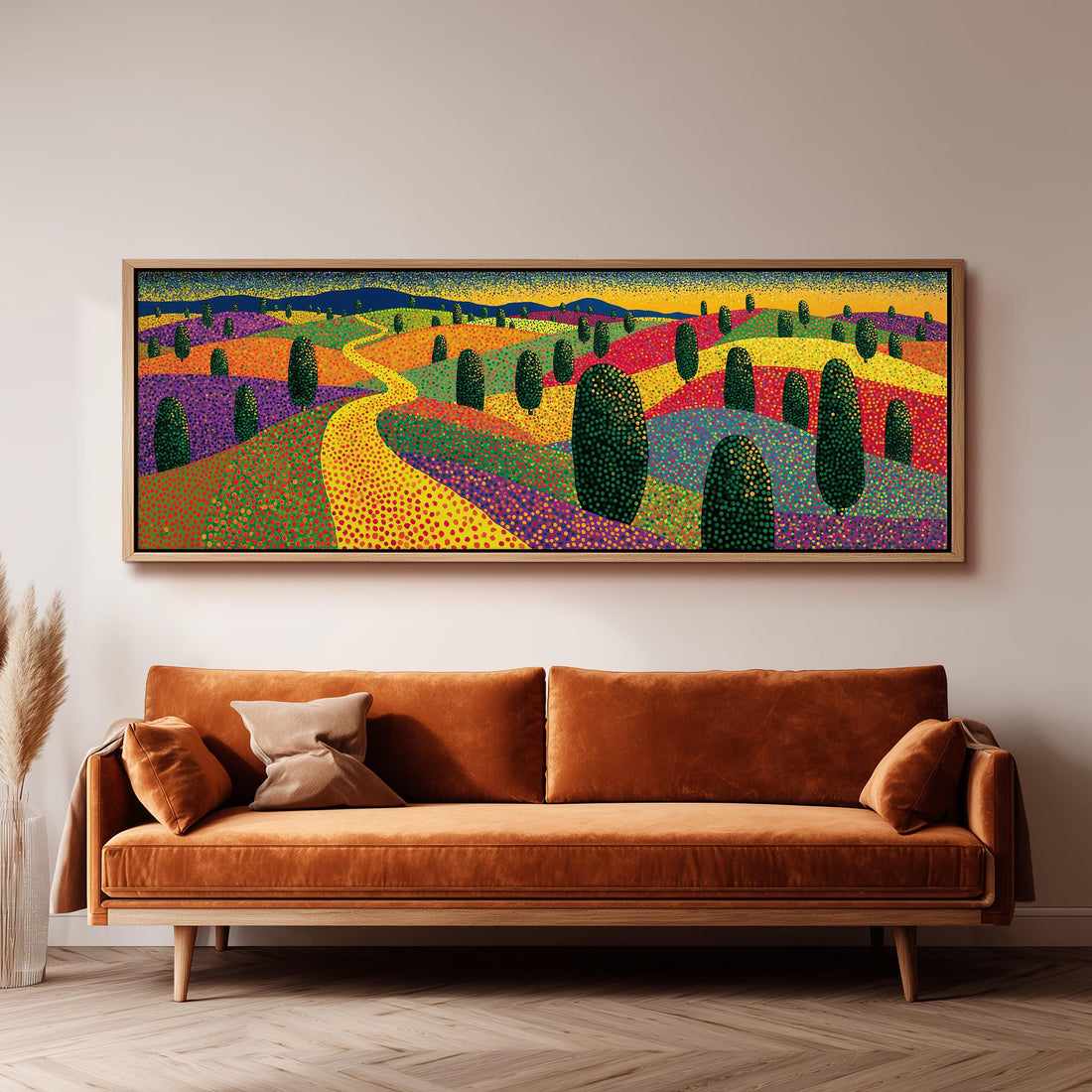 Colorful dotted garden with a winding path long horizontal canvas print above a sofa in a living room
