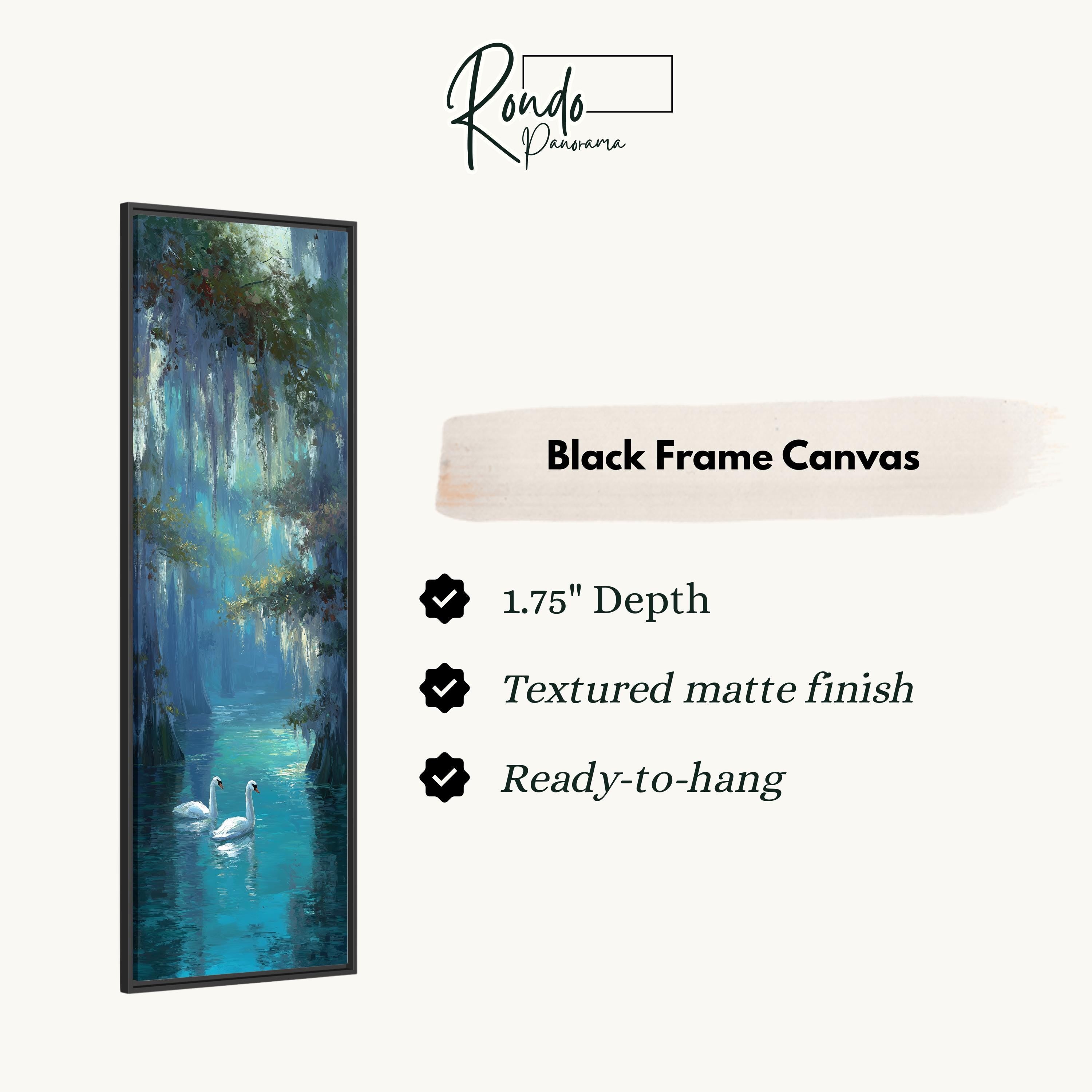The image is a black frame canvas depicting a serene scene of two swans swimming in a tranquil blue pond.