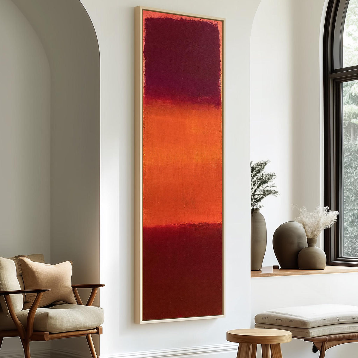 Color field bands in maroon, orange and red tall skinny canvas print in a sunlit living space