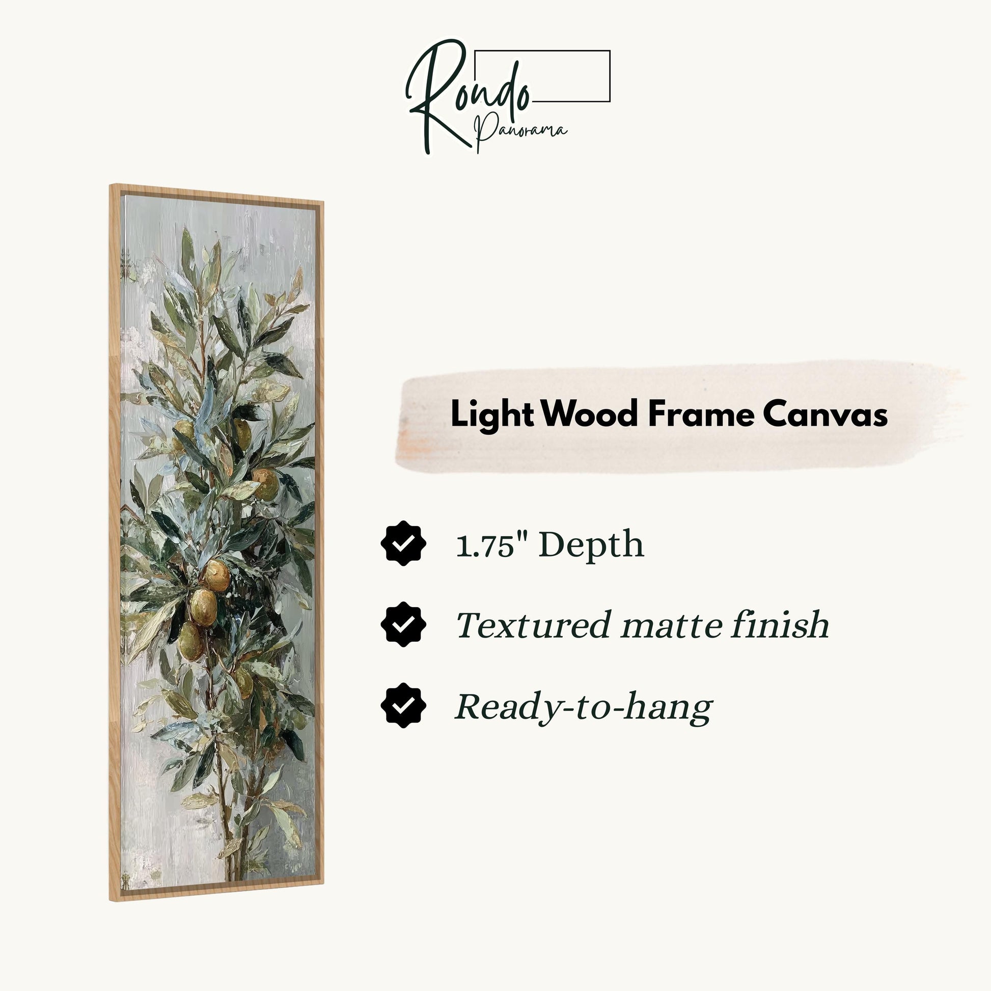 The image is a light wood frame canvas featuring a painting of a tree with green leaves and a bird perched on one of the branches.
