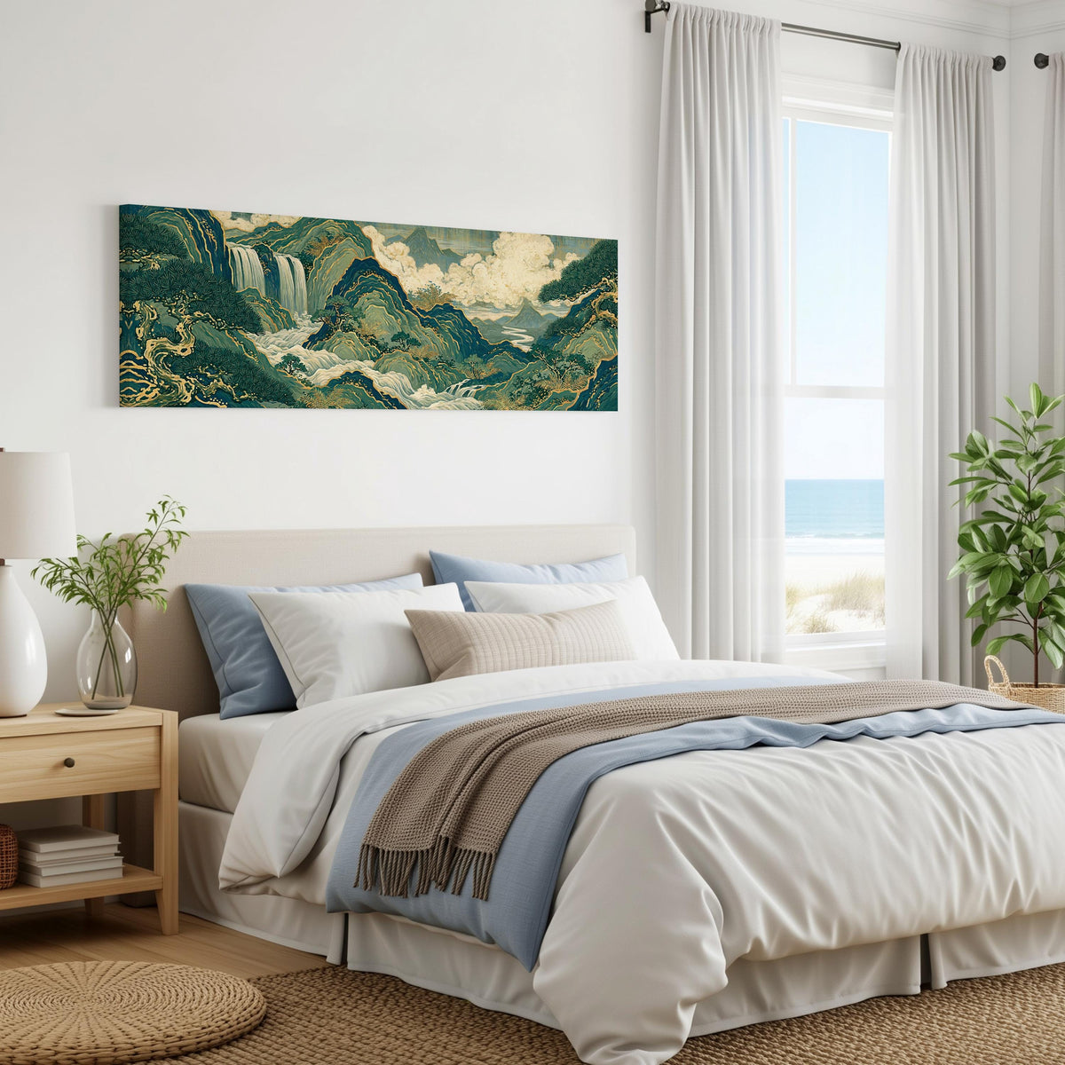 Emerald waterfall mountains with gold lines panoramic canvas print above a bed in a coastal bedroom