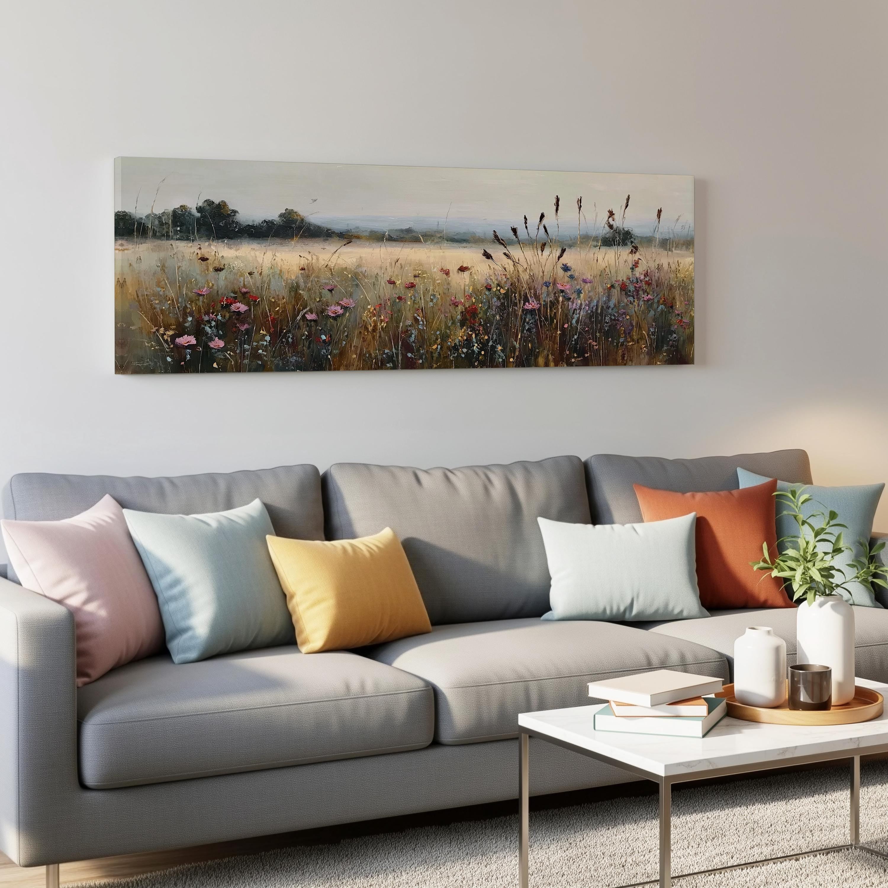 a living room with a gray sofa adorned with colorful throw pillows, a coffee table with books and a plant, and a large landscape painting hanging on the wall above the sofa.