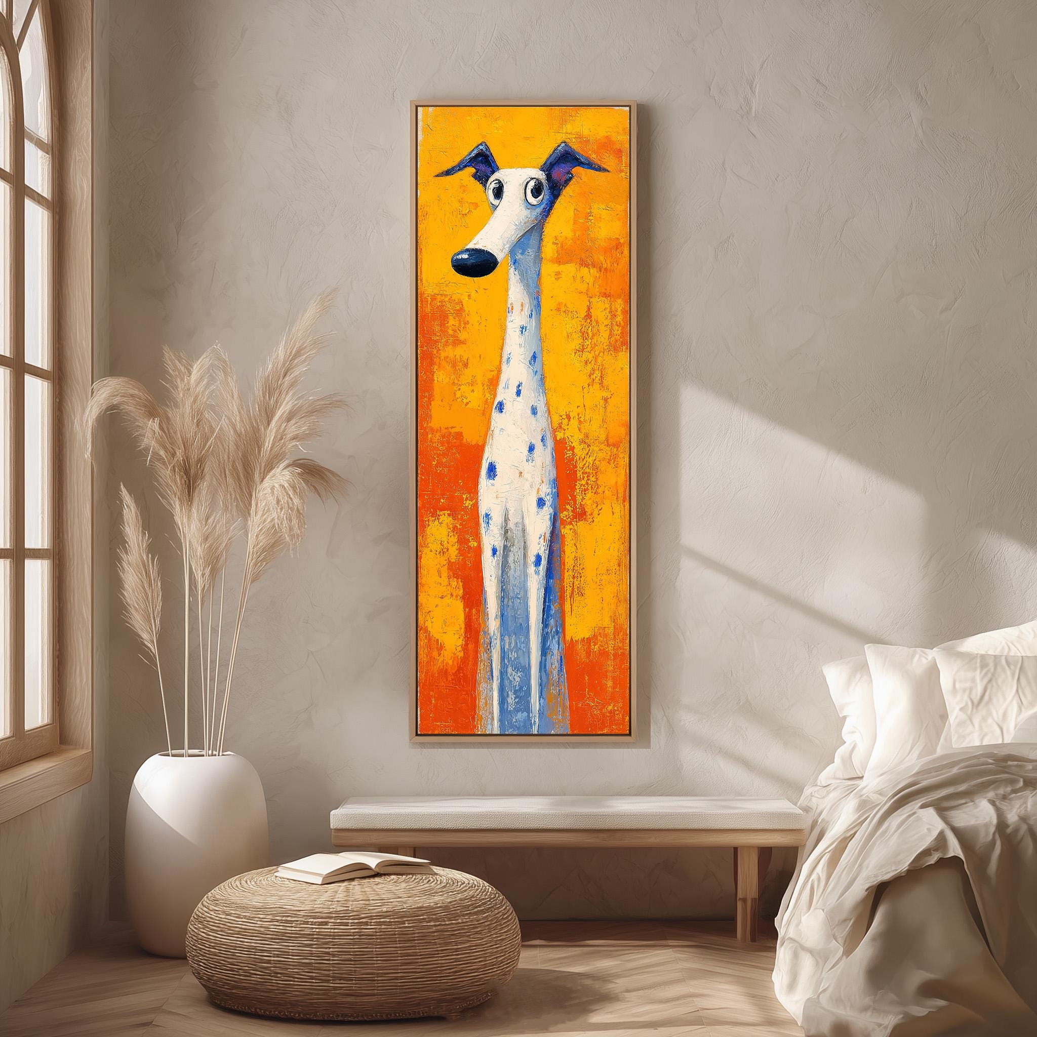 a large, colorful painting of a dog hanging on a wall in a room with a wooden floor and a white bed.