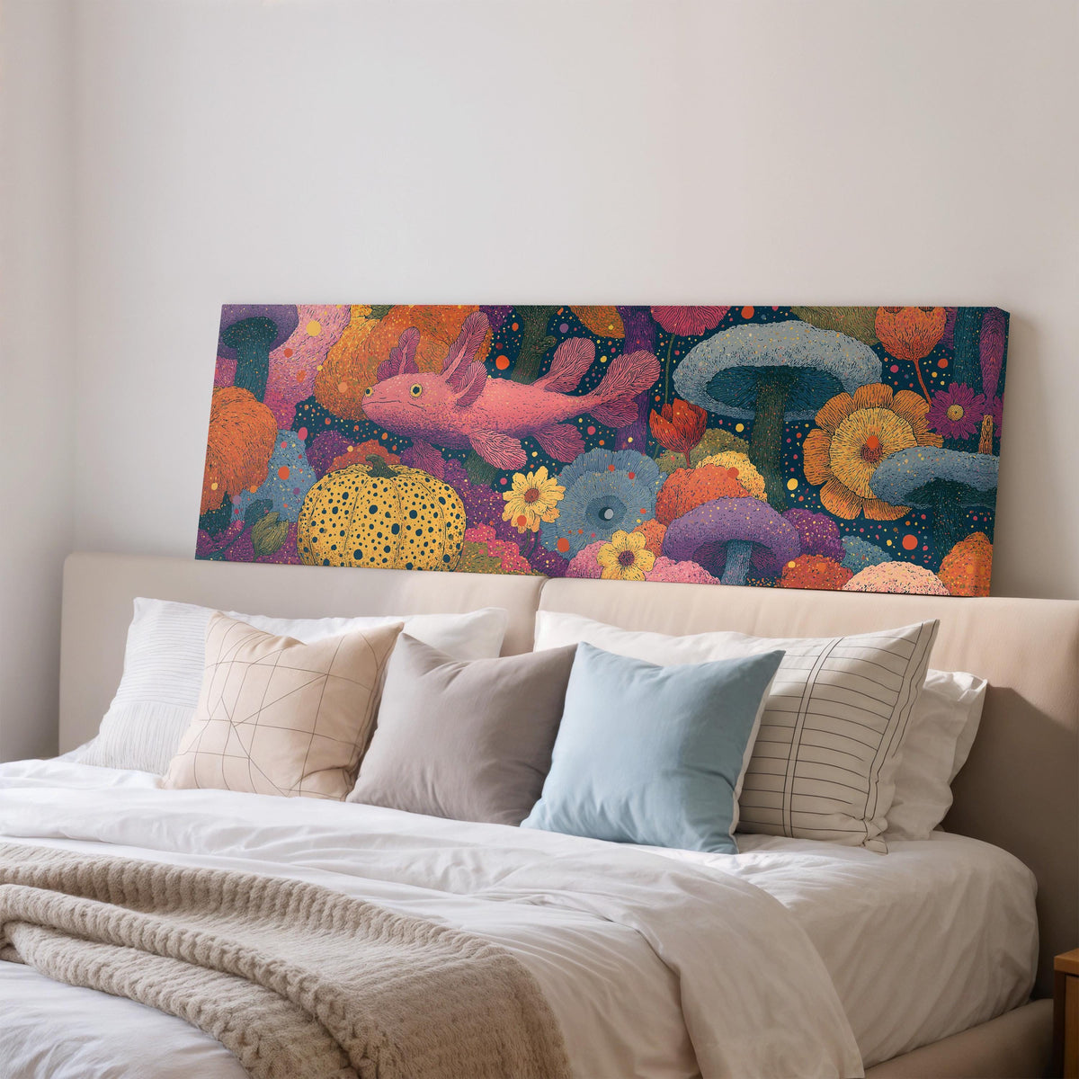 Fantasy mushrooms with a pink creature wide panoramic canvas print above a bed in a bedroom