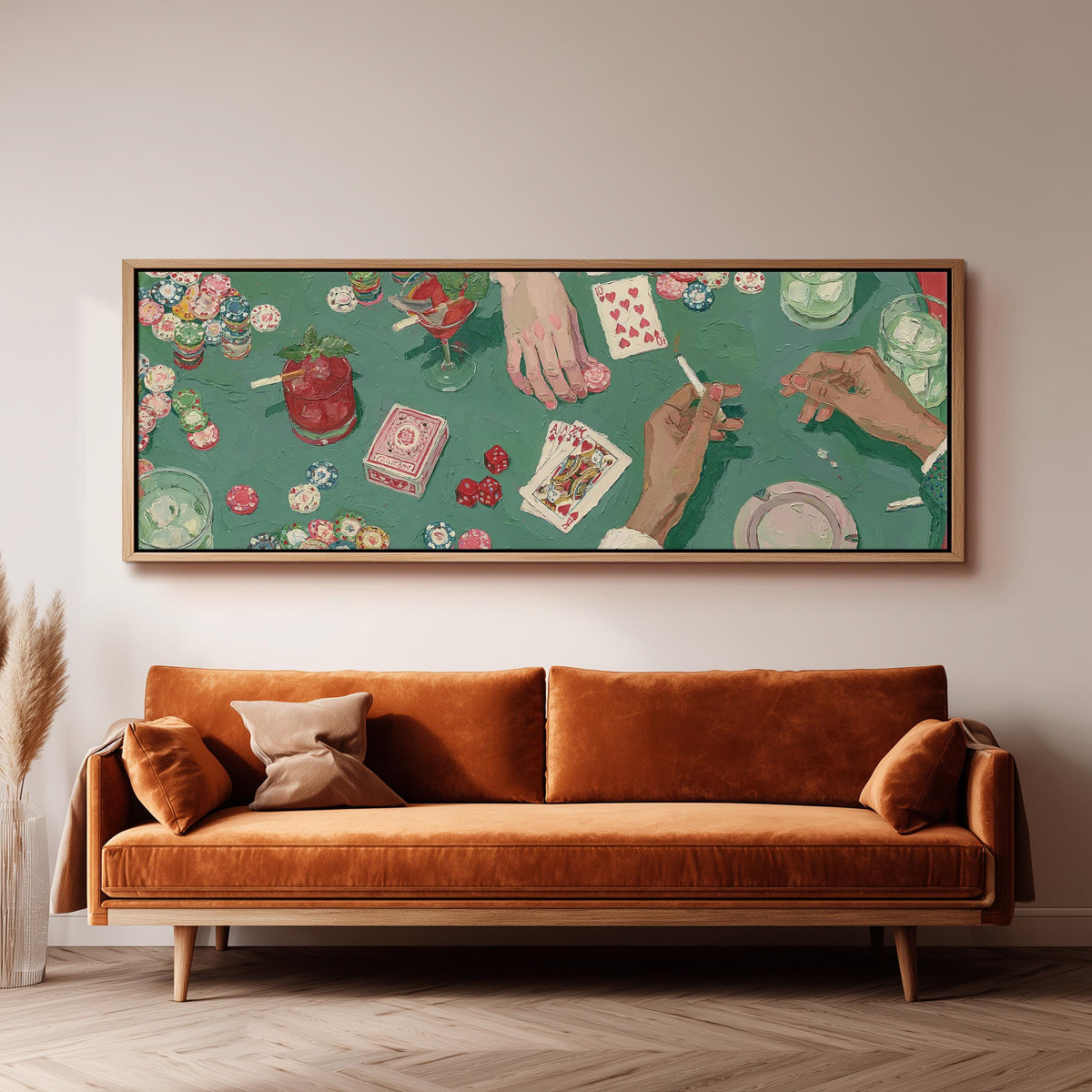 Vintage card game on green felt wide panoramic canvas print above a bench in a dark living room