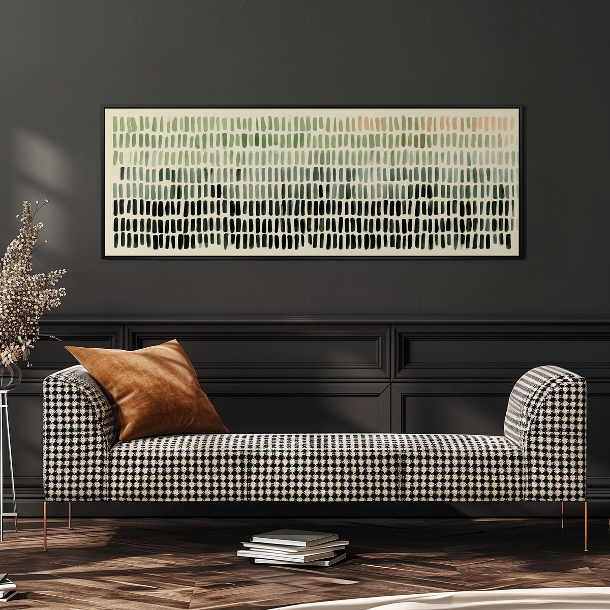 Brushmark dashes fading from sage to charcoal wide panoramic canvas print above a bench in a dark living room