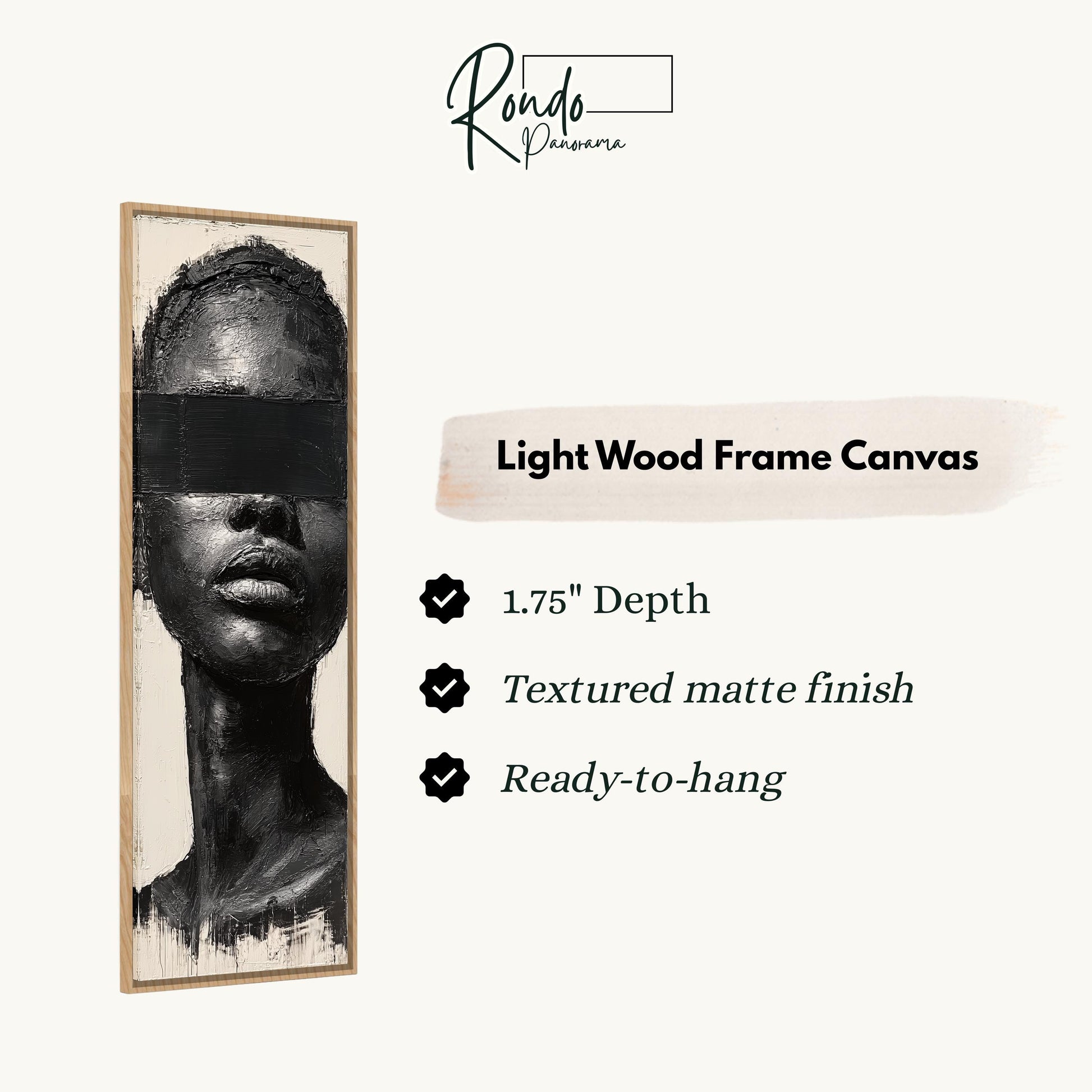 The image is a light wood frame canvas depicting a woman's face with a blindfold covering her eyes.