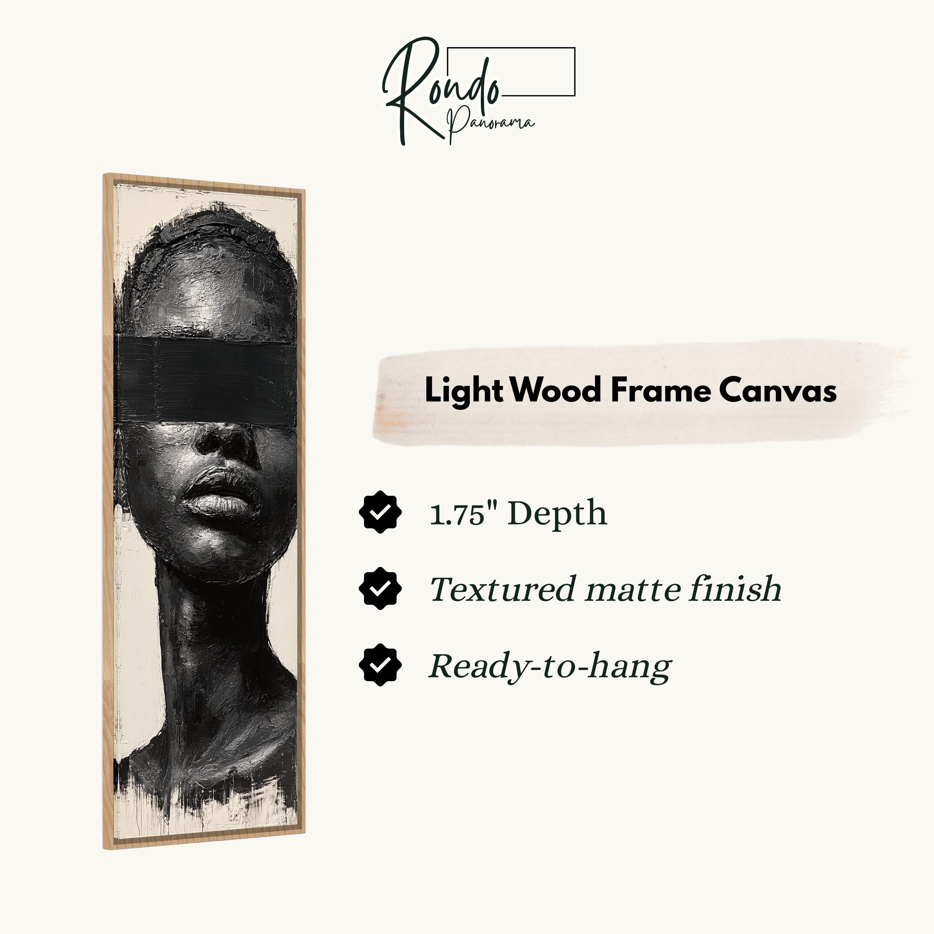 The image is a light wood frame canvas depicting a woman's face with a blindfold covering her eyes.