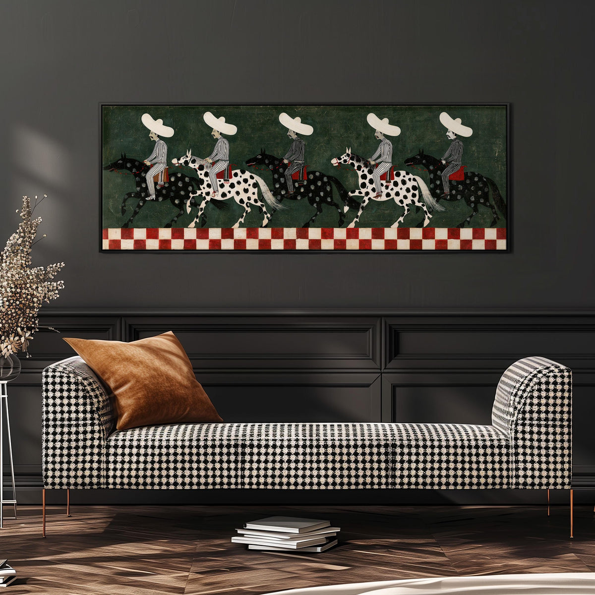 Riders in sombreros on spotted horses wide panoramic canvas print above a bench in a dark living room