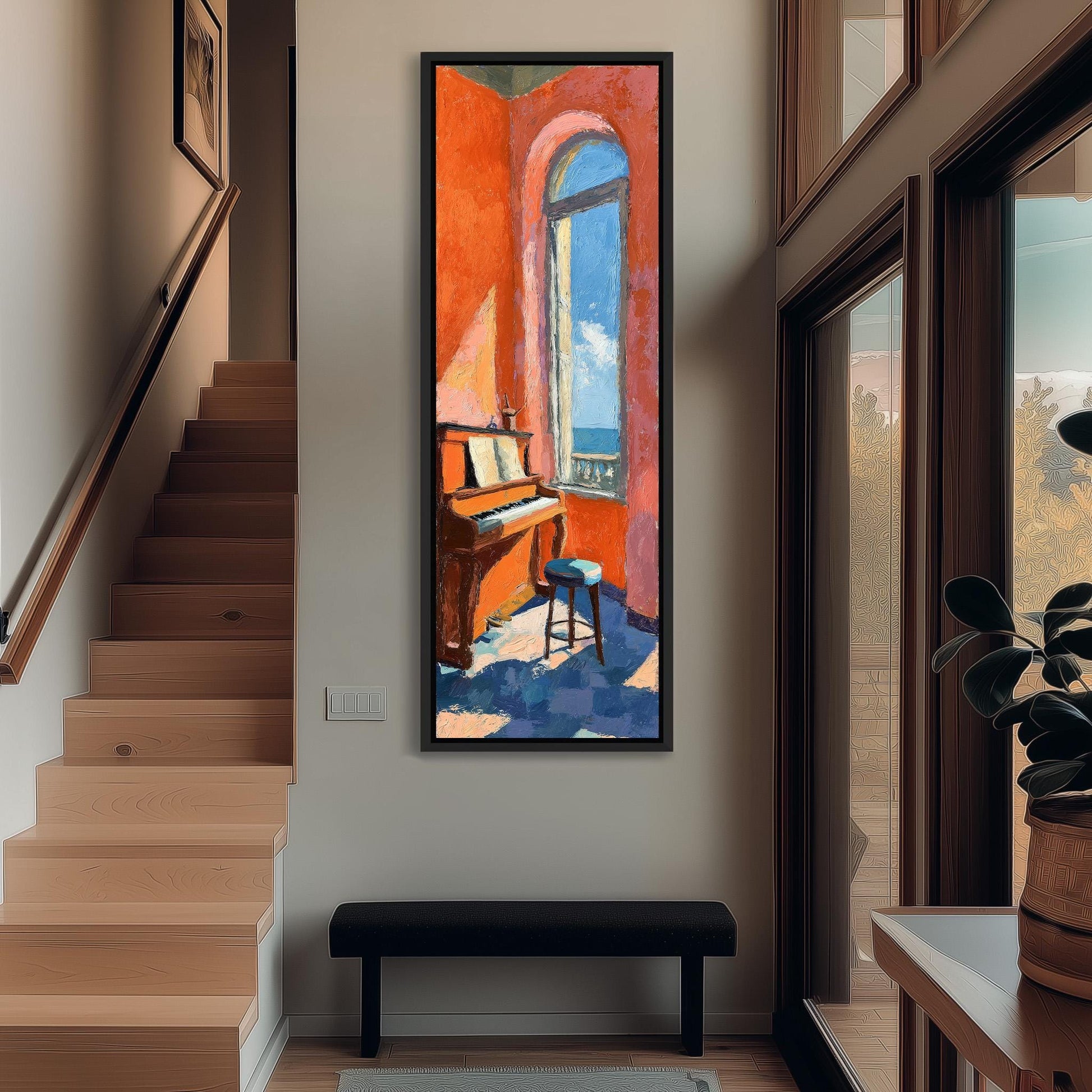 a large, colorful painting of a piano and a window, hanging on a wall in a hallway.