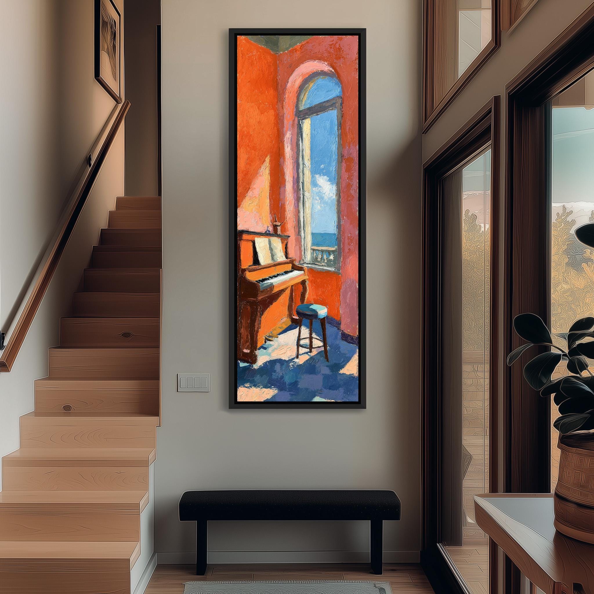 a large, colorful painting of a piano and a window, hanging on a wall in a hallway.