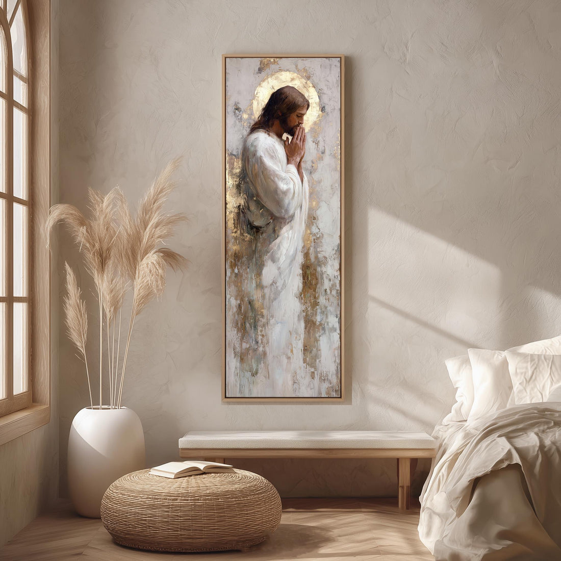 a large painting of Jesus Christ, hanging on a wall in a room with a bed, a potted plant, and a woven ottoman.