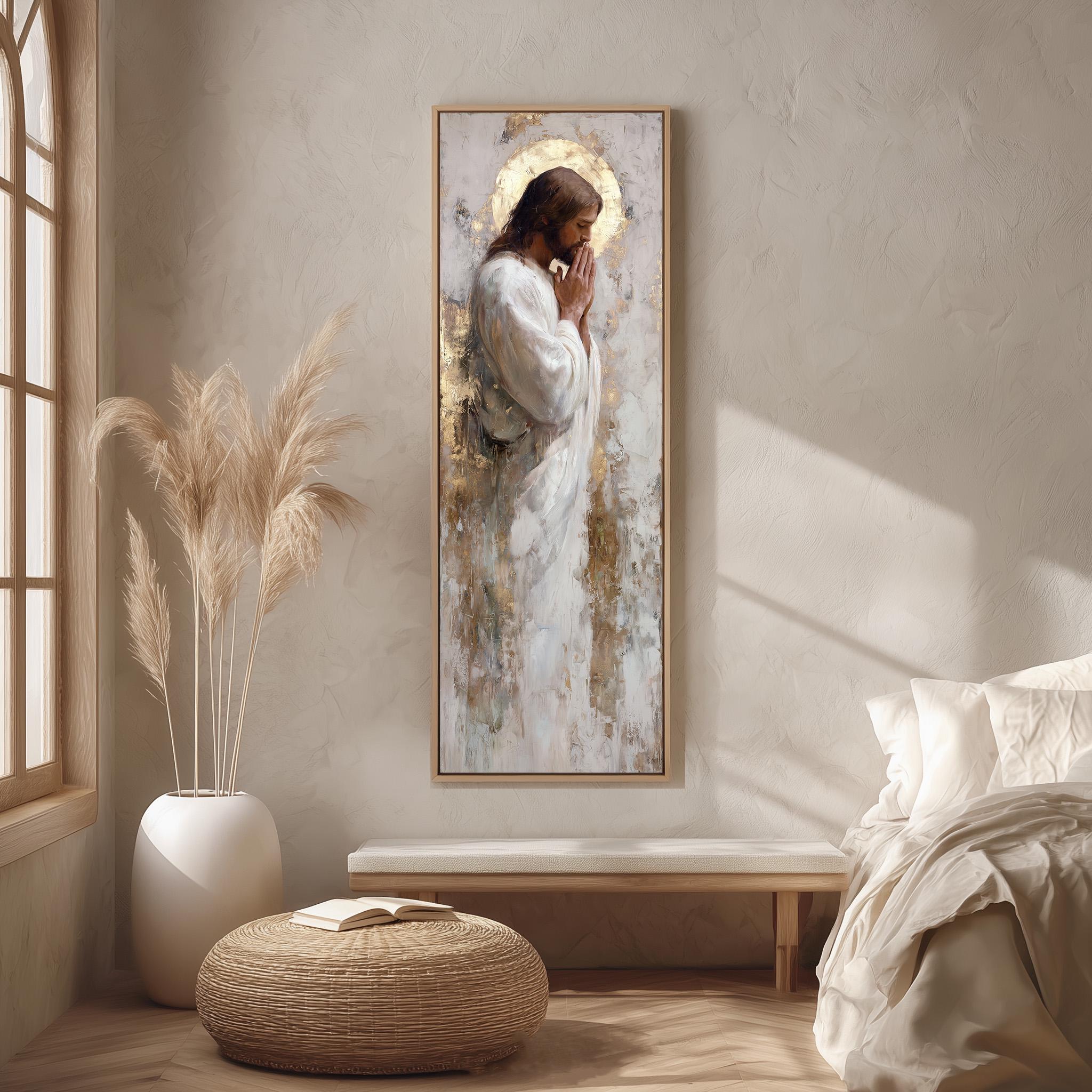 a large painting of Jesus Christ, hanging on a wall in a room with a bed, a potted plant, and a woven ottoman.