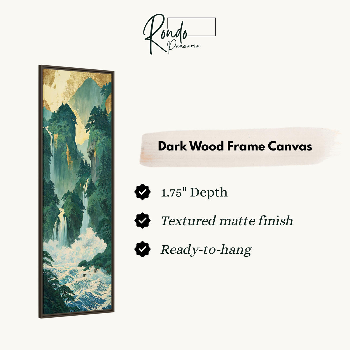 Emerald waterfall gorge canvas print in a dark wood floating frame