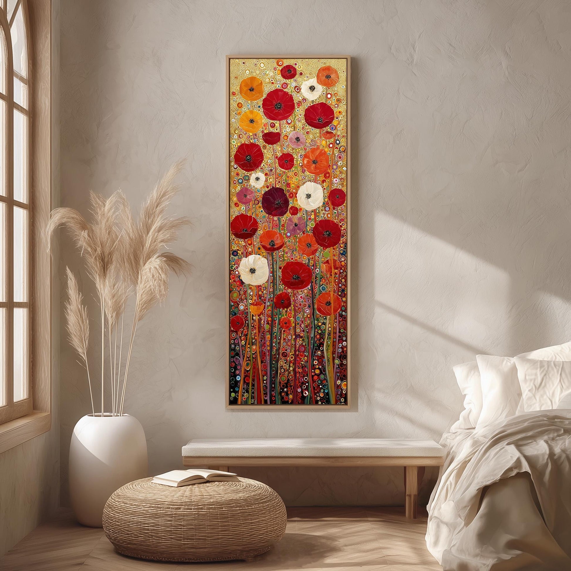 a large, colorful painting of flowers hanging on a wall in a room with a bed, a window, and a woven ottoman.