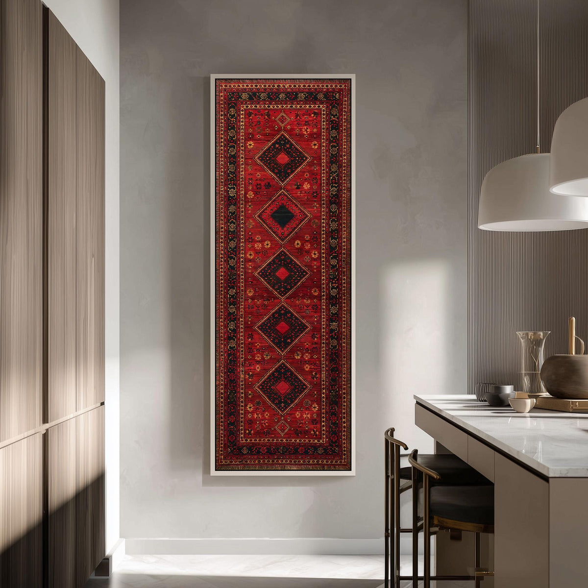 Red Persian rug pattern tall skinny canvas print in a modern kitchen