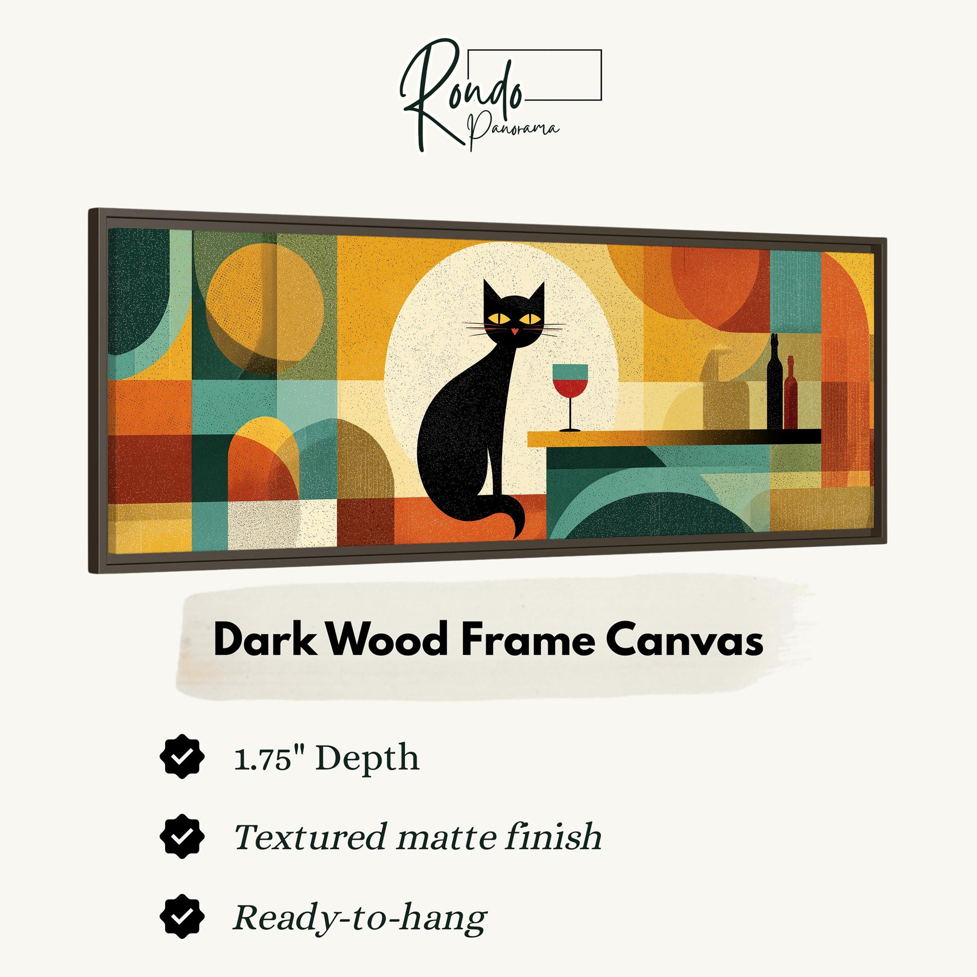 The image is a framed artwork depicting a black cat sitting on a table with a wine glass and bottle. The artwork is set against a colorful abstract background.