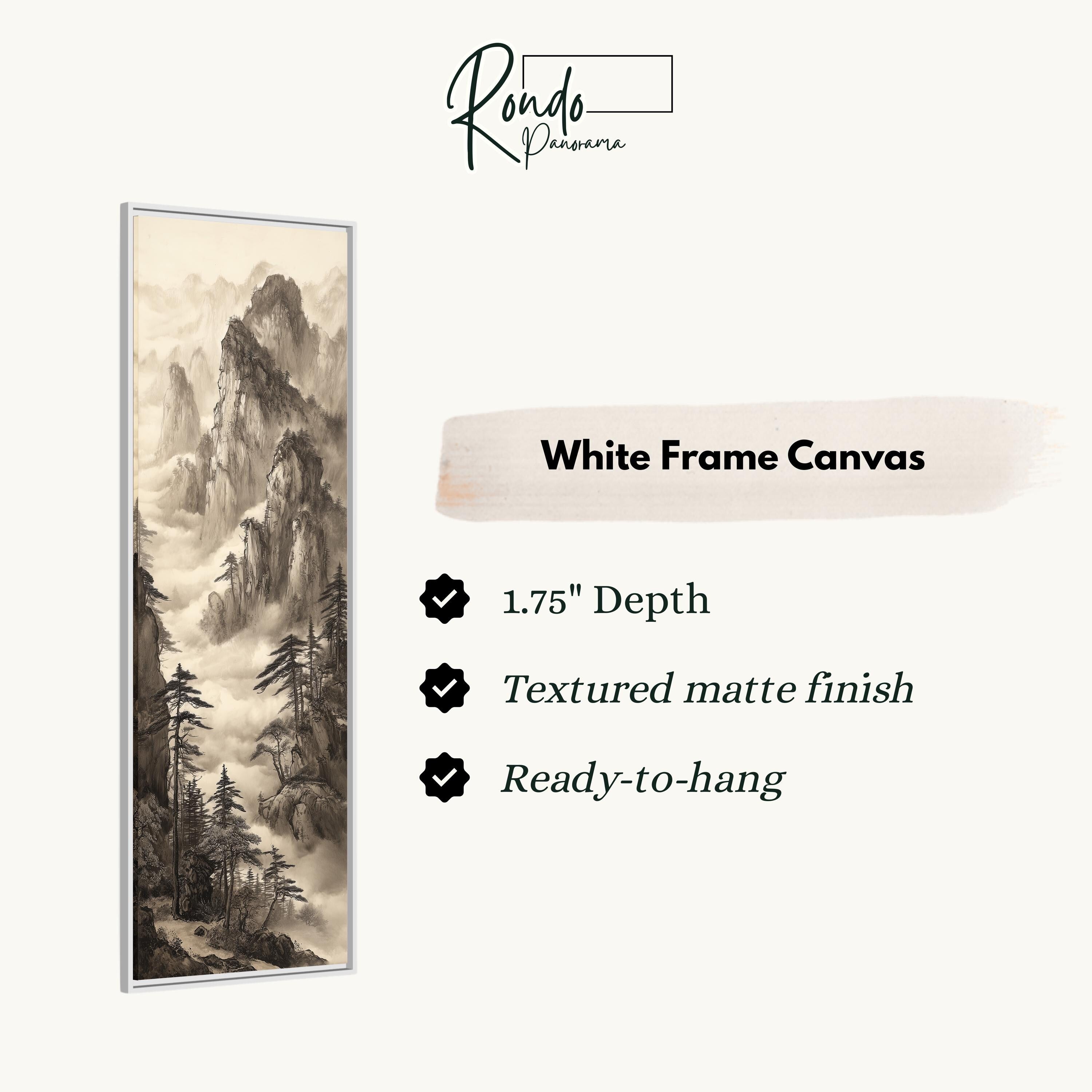 The image is a white frame canvas depicting a landscape with mountains and trees.