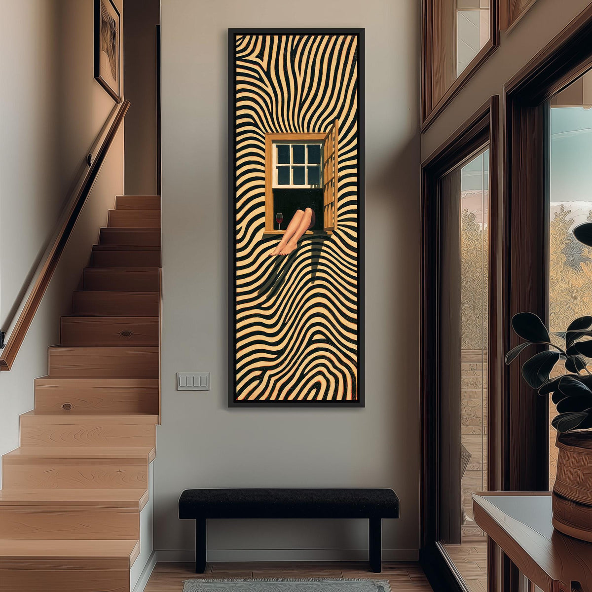 Woman sitting in a window on a swirling striped wall tall narrow canvas print beside a staircase in an entryway