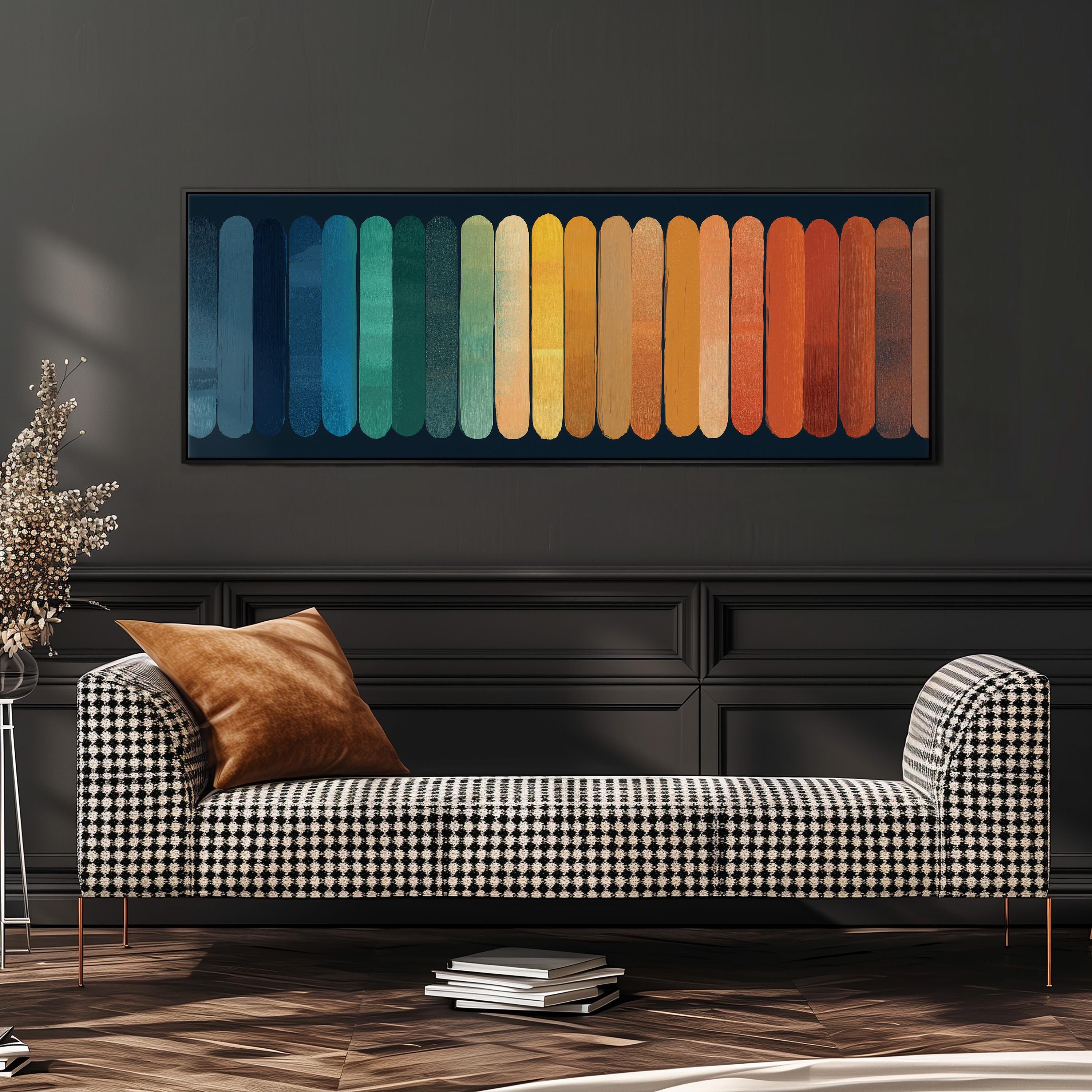 a checkered black and white sofa with a brown throw pillow, set against a dark wall with a large abstract painting above it.