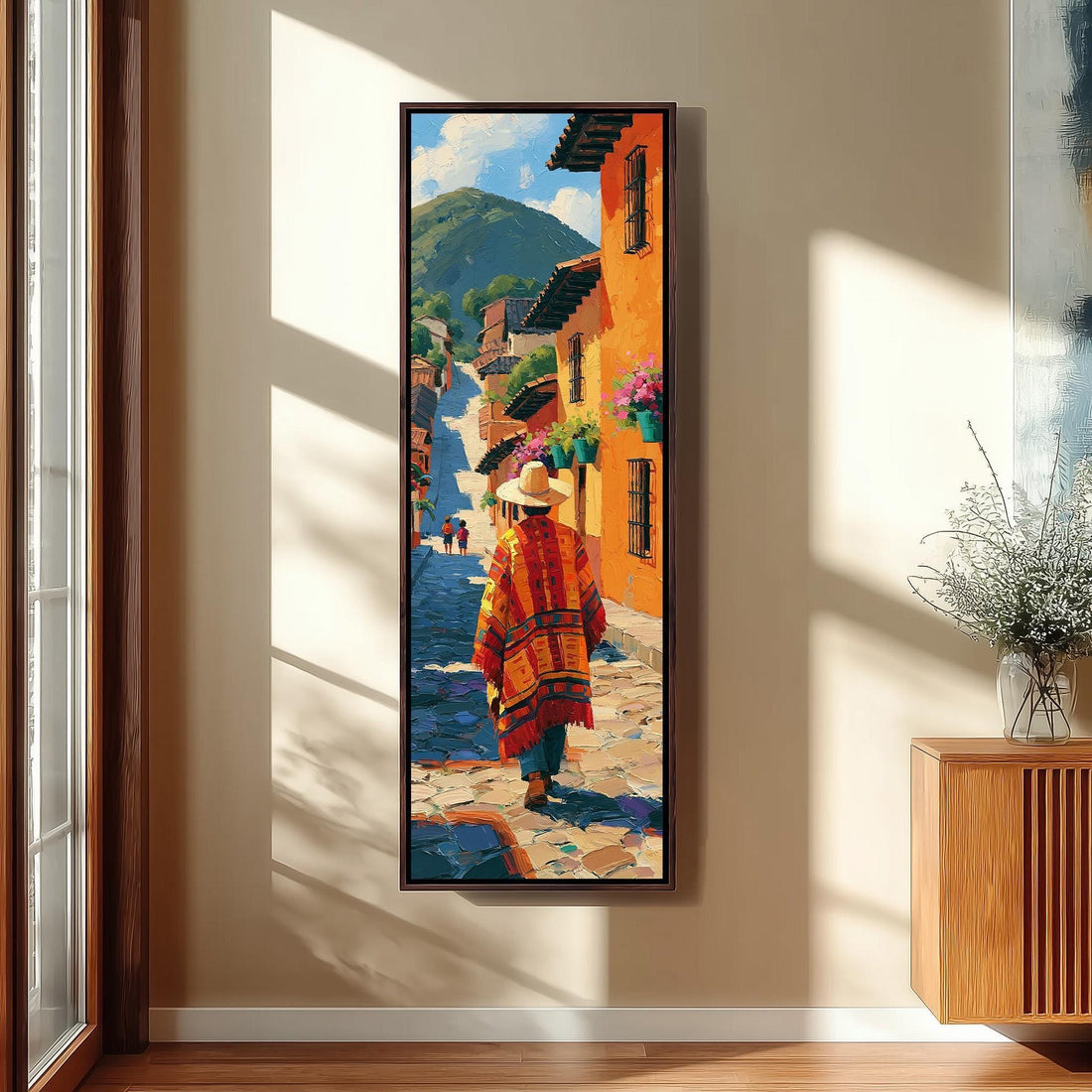 Man in a poncho on a colorful Guatemalan lane long vertical canvas print in a sunlit living space