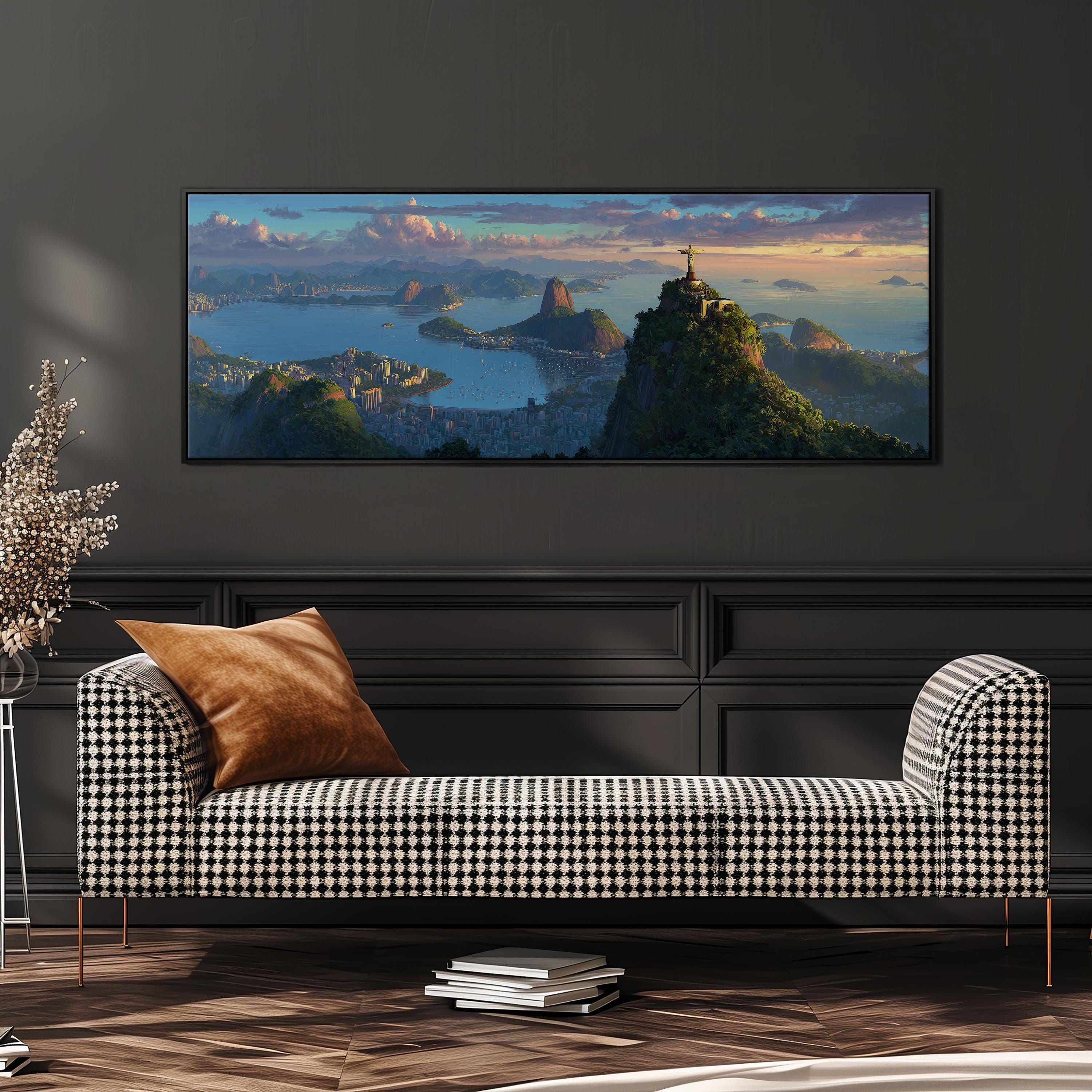 a large, framed painting of a mountainous landscape with a cityscape in the background, hanging on a wall above a black and white checkered sofa.