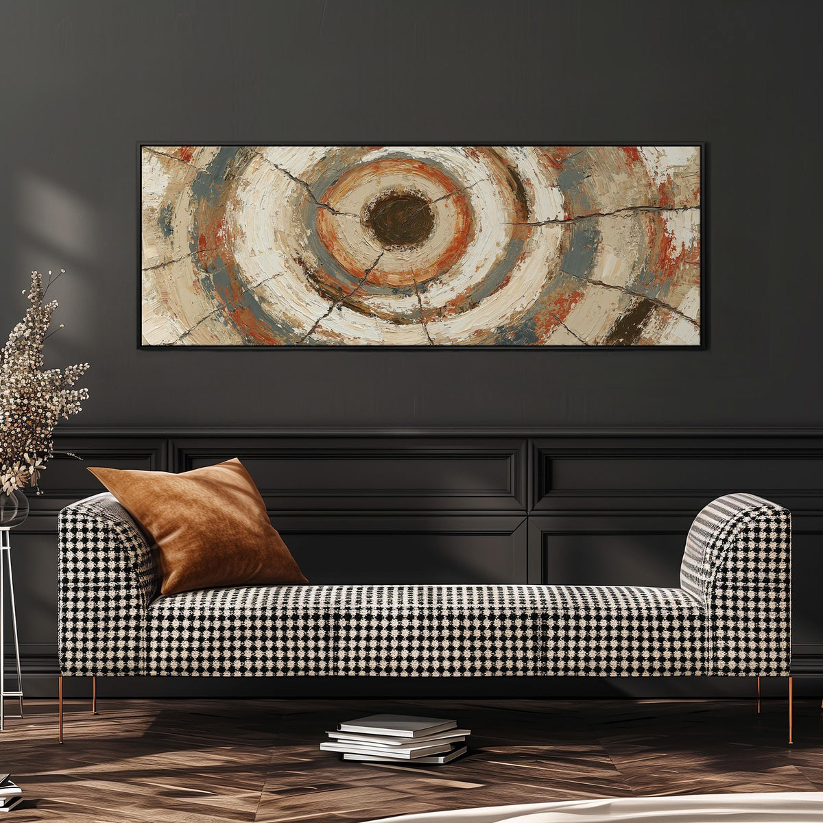 Rust and navy textured tree ring wide panoramic canvas print above a bench in a dark living room
