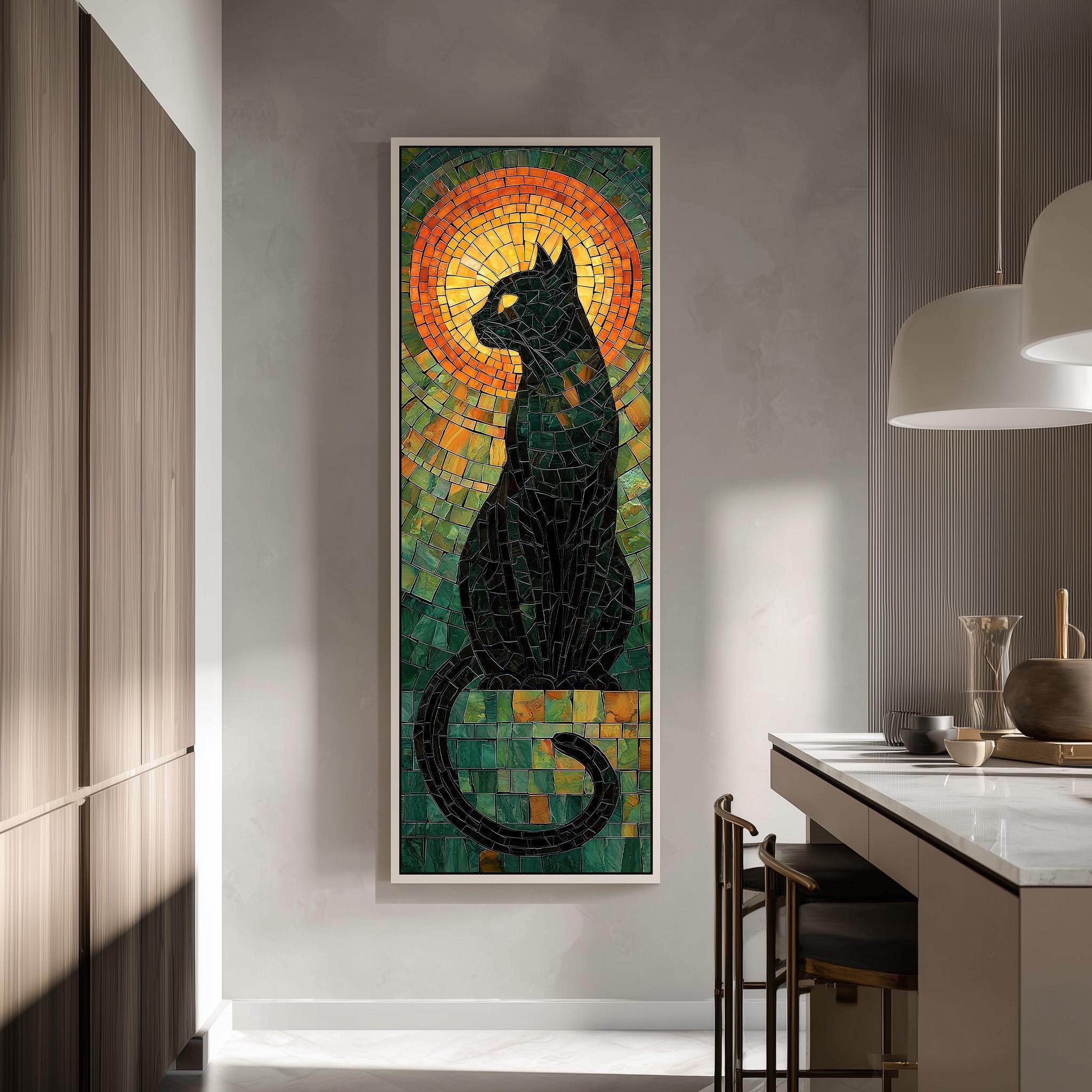 a large, colorful mosaic artwork of a black cat, which is hanging on the wall of a modern kitchen.