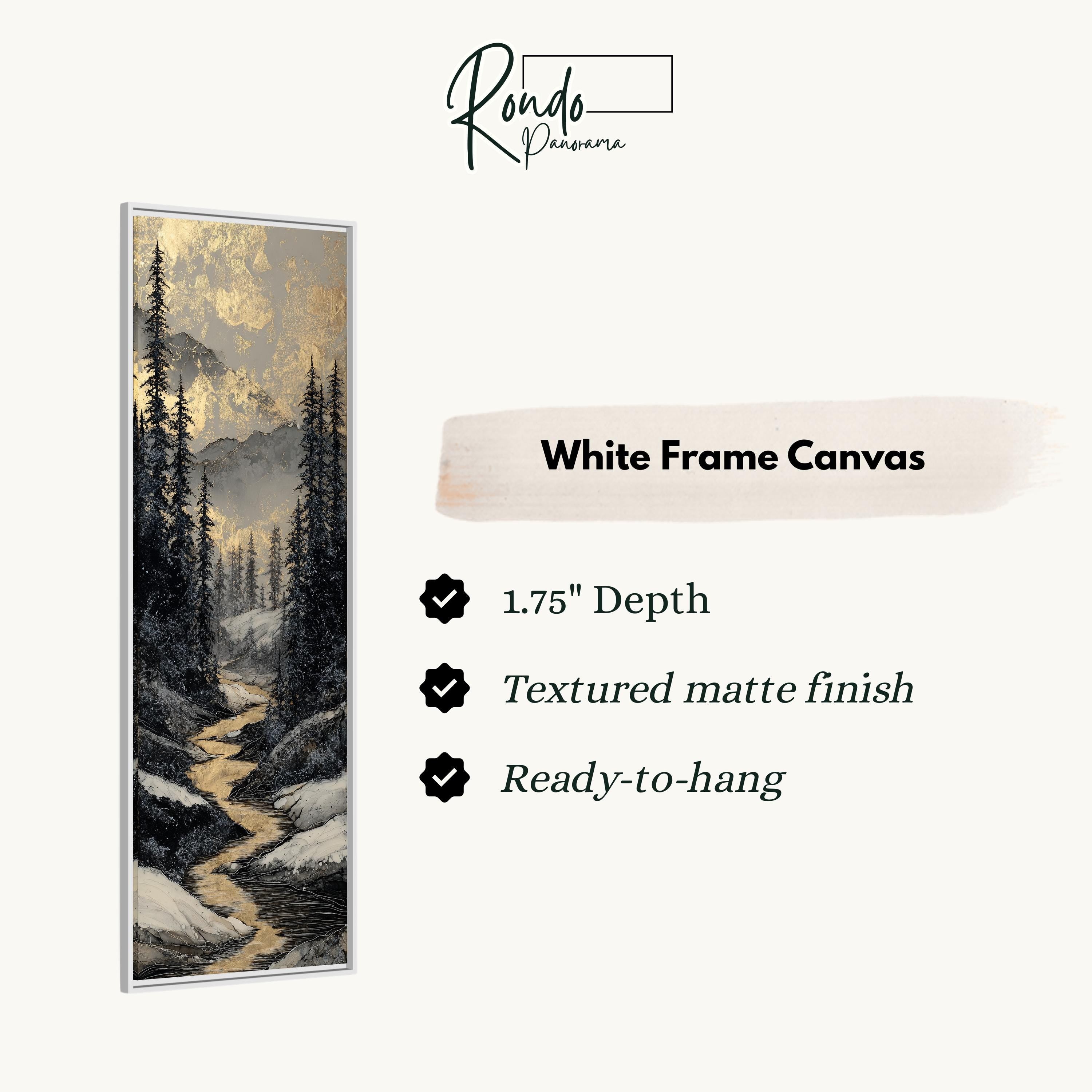 The image is a white frame canvas depicting a forest scene with a winding path and snow-covered ground.