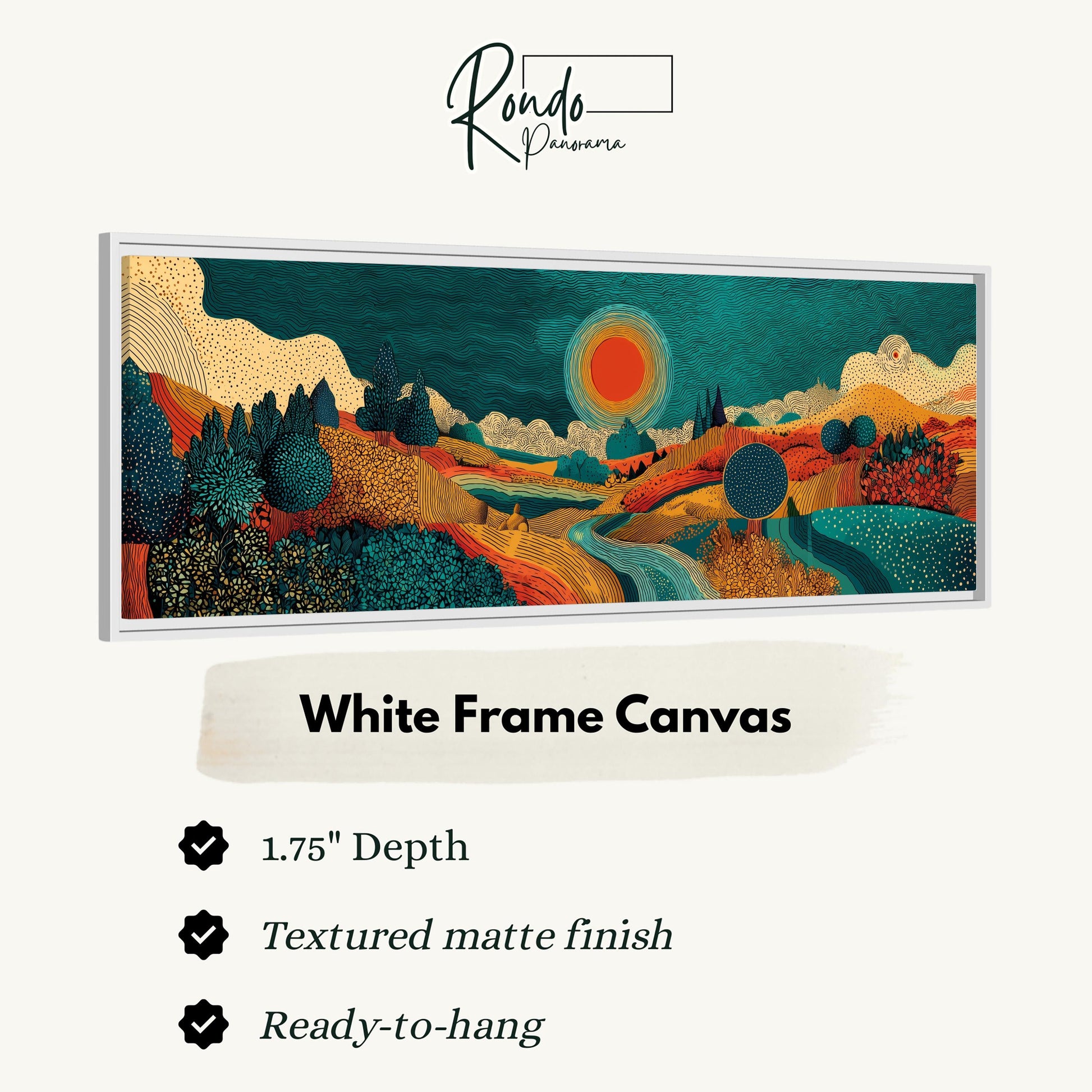 The image is a white frame canvas with a landscape scene depicting a sunset over a mountainous terrain.