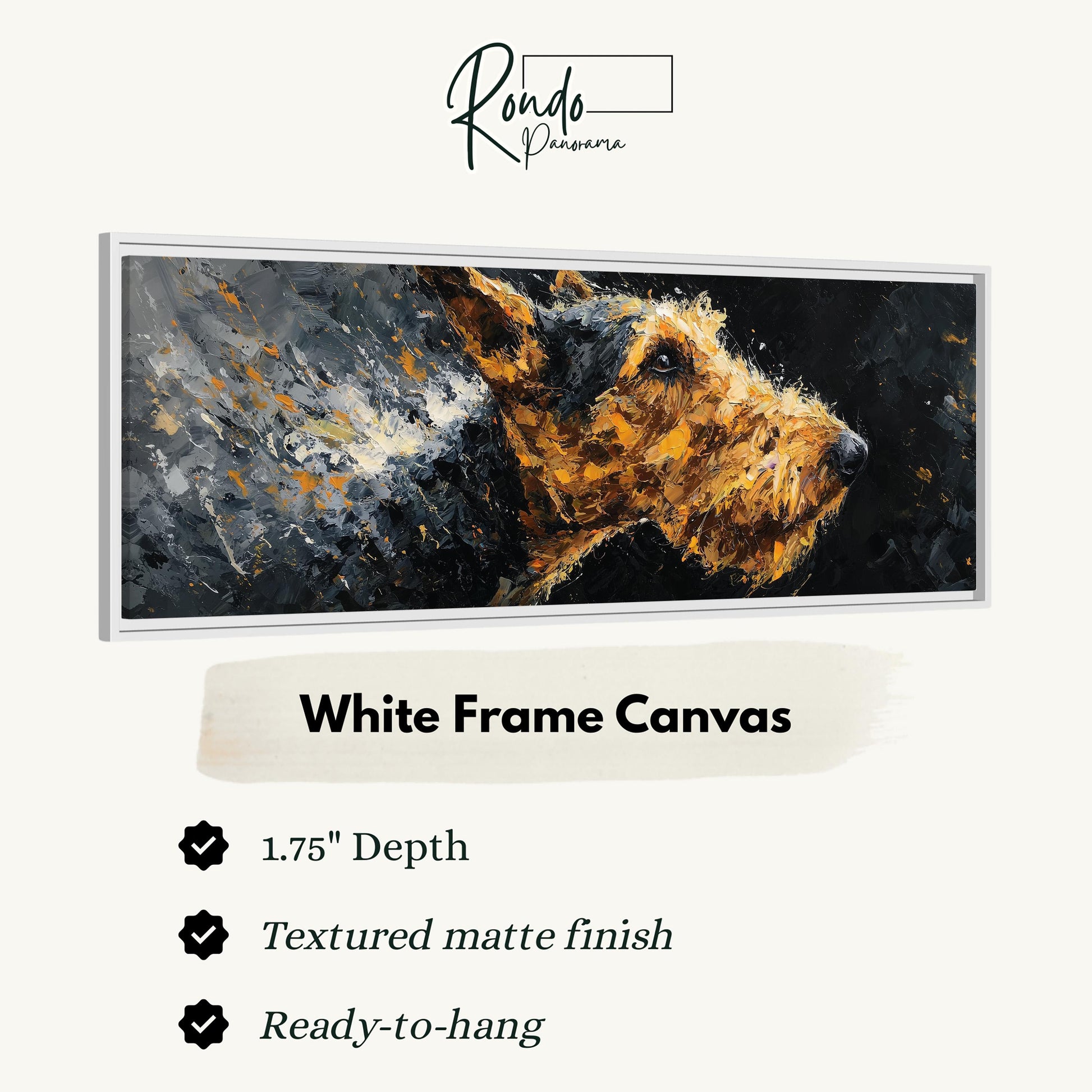 The image is a white frame canvas featuring a close-up of a dog's head.