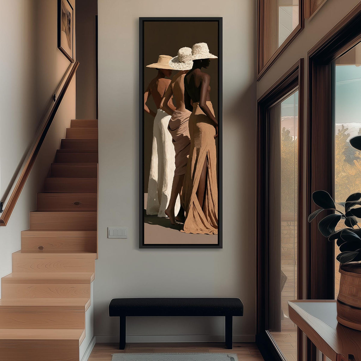 Three women in sun hats and evening gowns tall narrow canvas print beside a staircase in an entryway