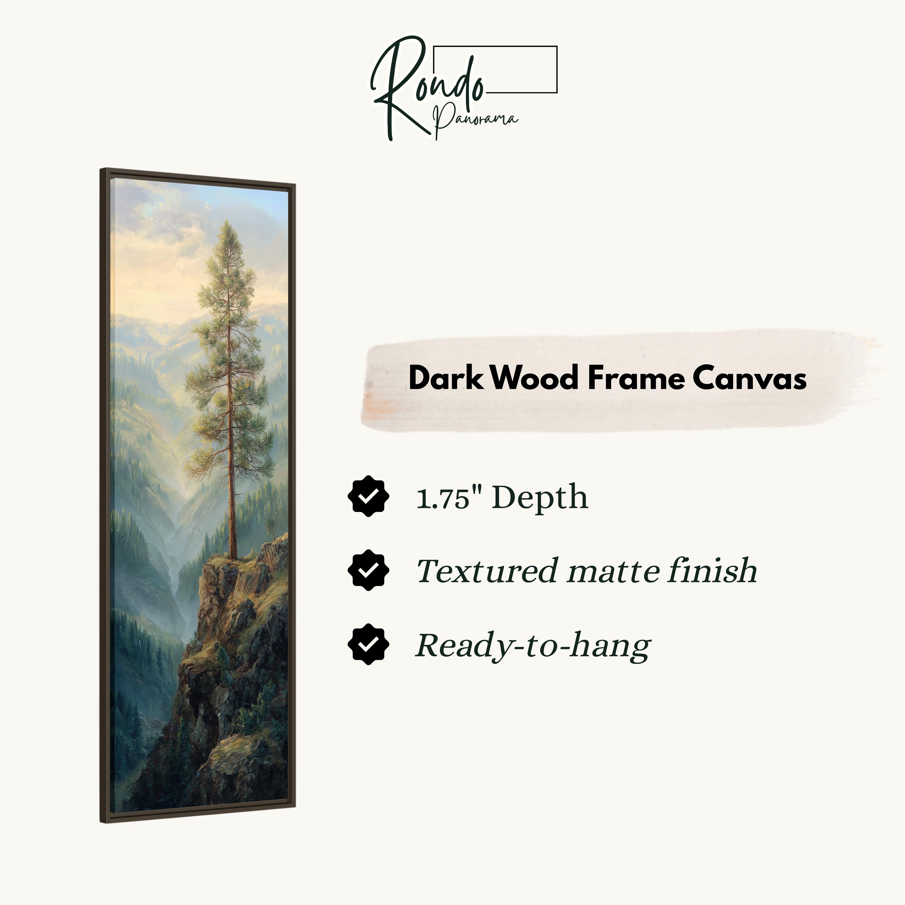 The image is a rectangular dark wood frame canvas depicting a tall tree on a cliff.