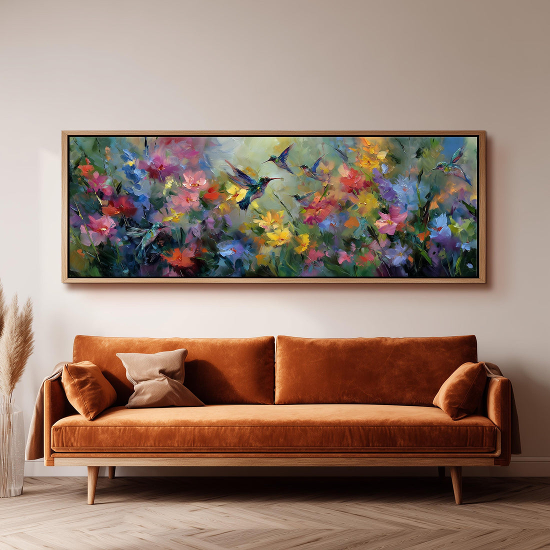 a large, colorful painting of flowers hanging on a wall above a black and white checkered sofa in a living room setting.