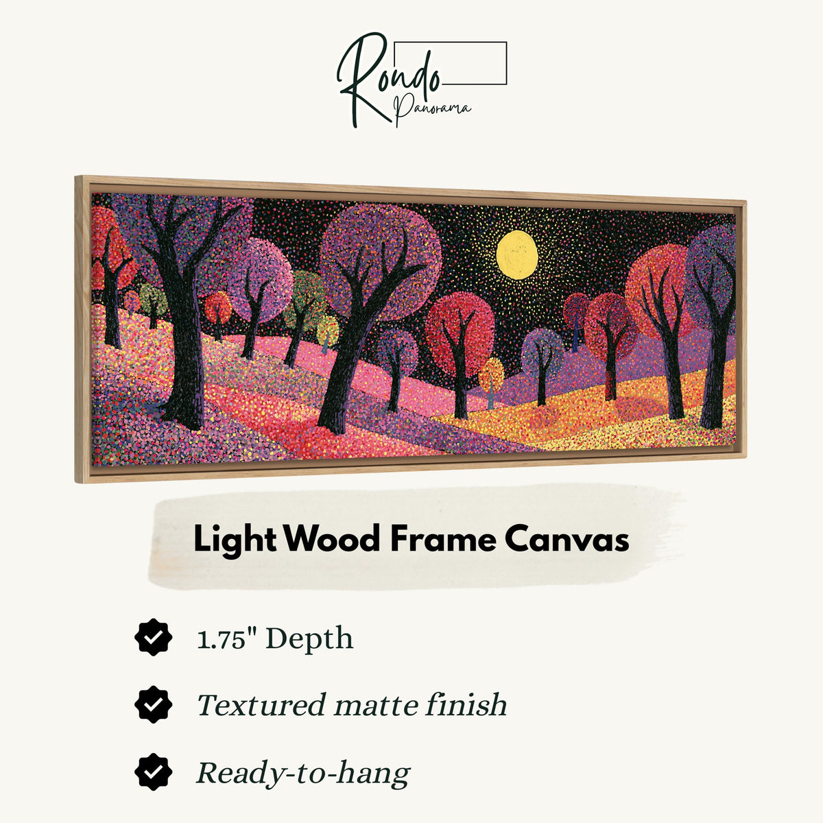 Purple dusk forest under the moon canvas print in a light wood floating frame