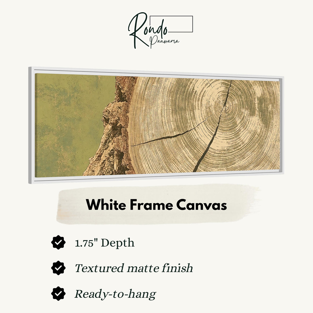Golden tree ring wood grain canvas print in a white floating frame