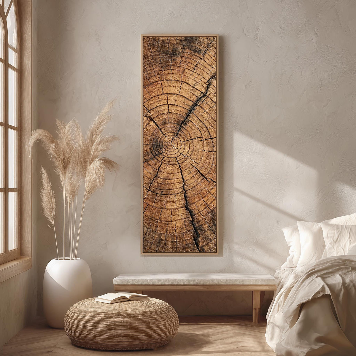 Natural tree ring texture long vertical canvas print in a bright reading corner