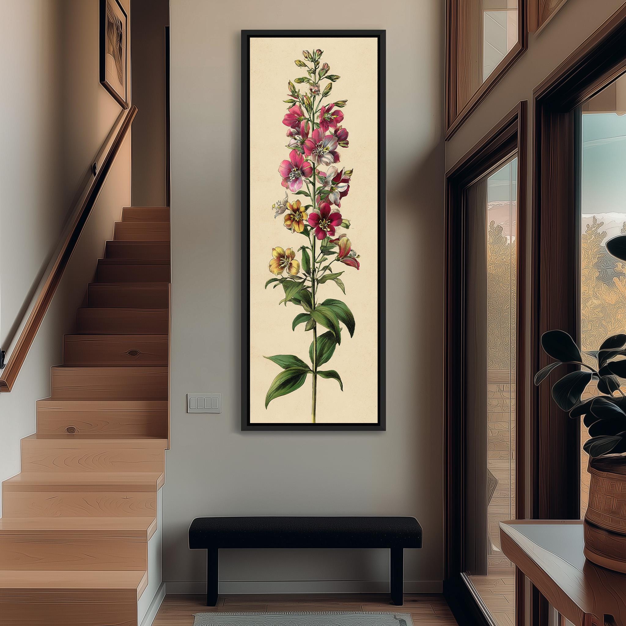 a large framed painting of a flower hanging on the wall of a hallway.