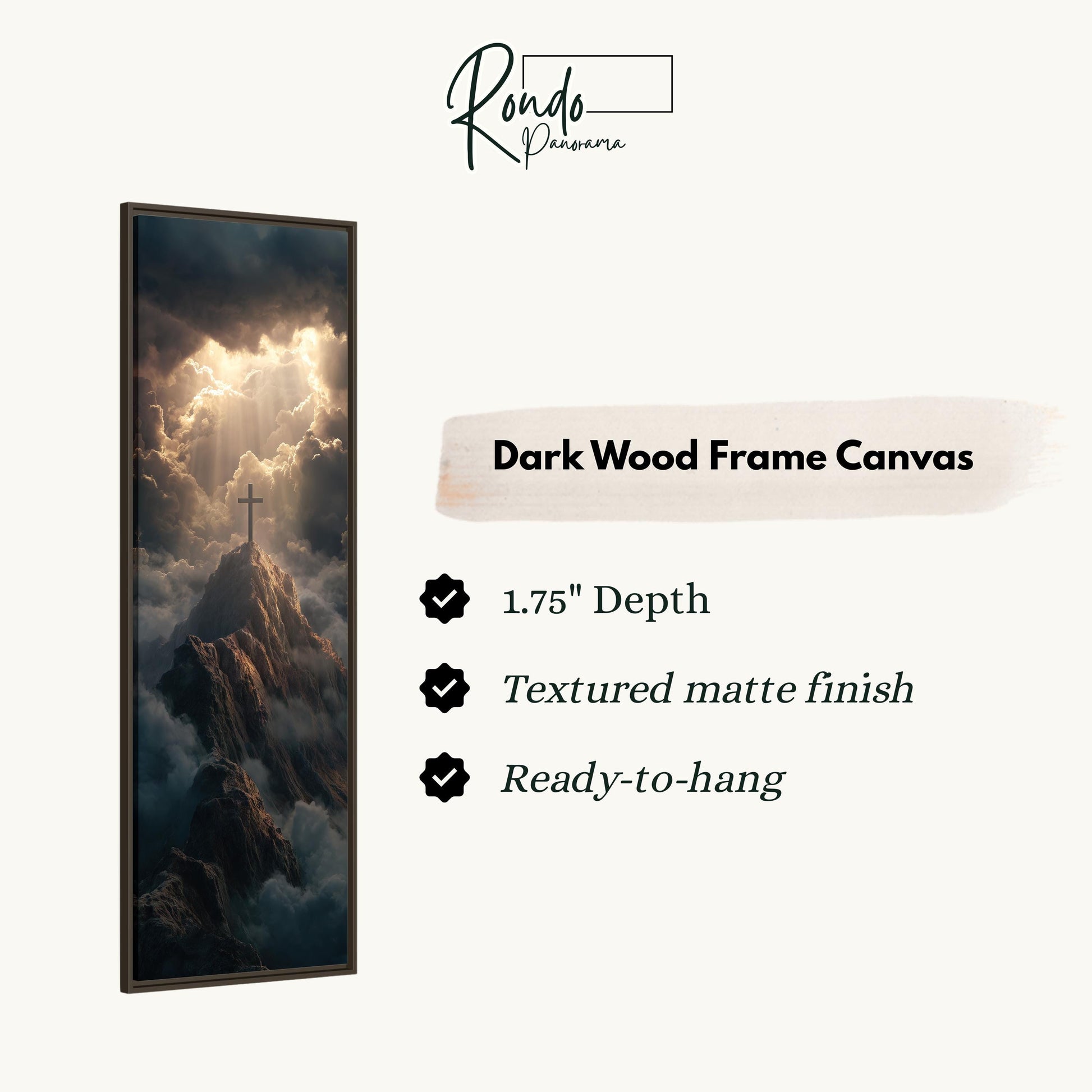 The image is a dark wood frame canvas depicting a dramatic landscape with a cross on a mountain peak, surrounded by clouds and sunlight.