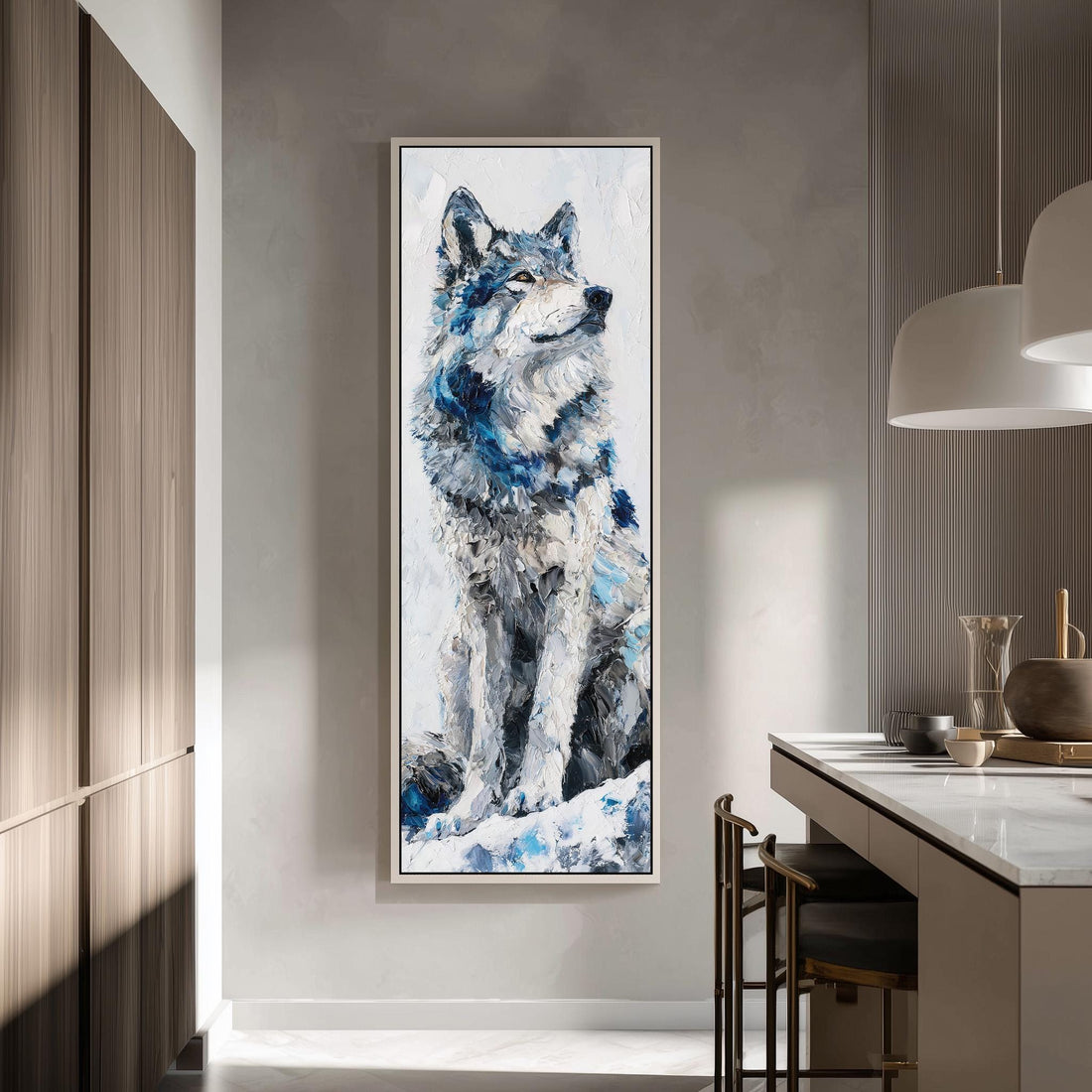 a large painting of a wolf on the wall of a modern kitchen.