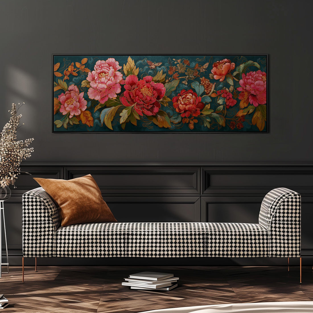 a dining room with a large floral painting hanging on the wall above a wooden dining table with four chairs. The table is set with a bowl of fruit and a vase of flowers, creating a welcoming and elegant atmosphere.