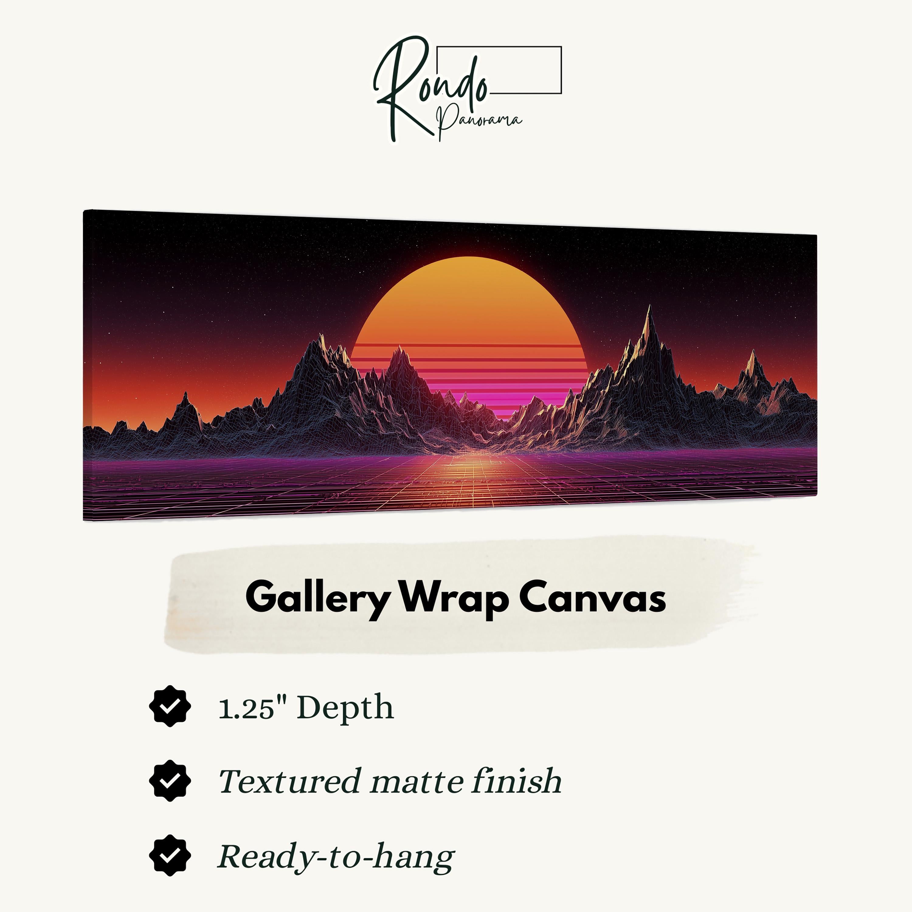 The image is a digital artwork depicting a sunset over mountains, with a gradient of orange and pink hues.