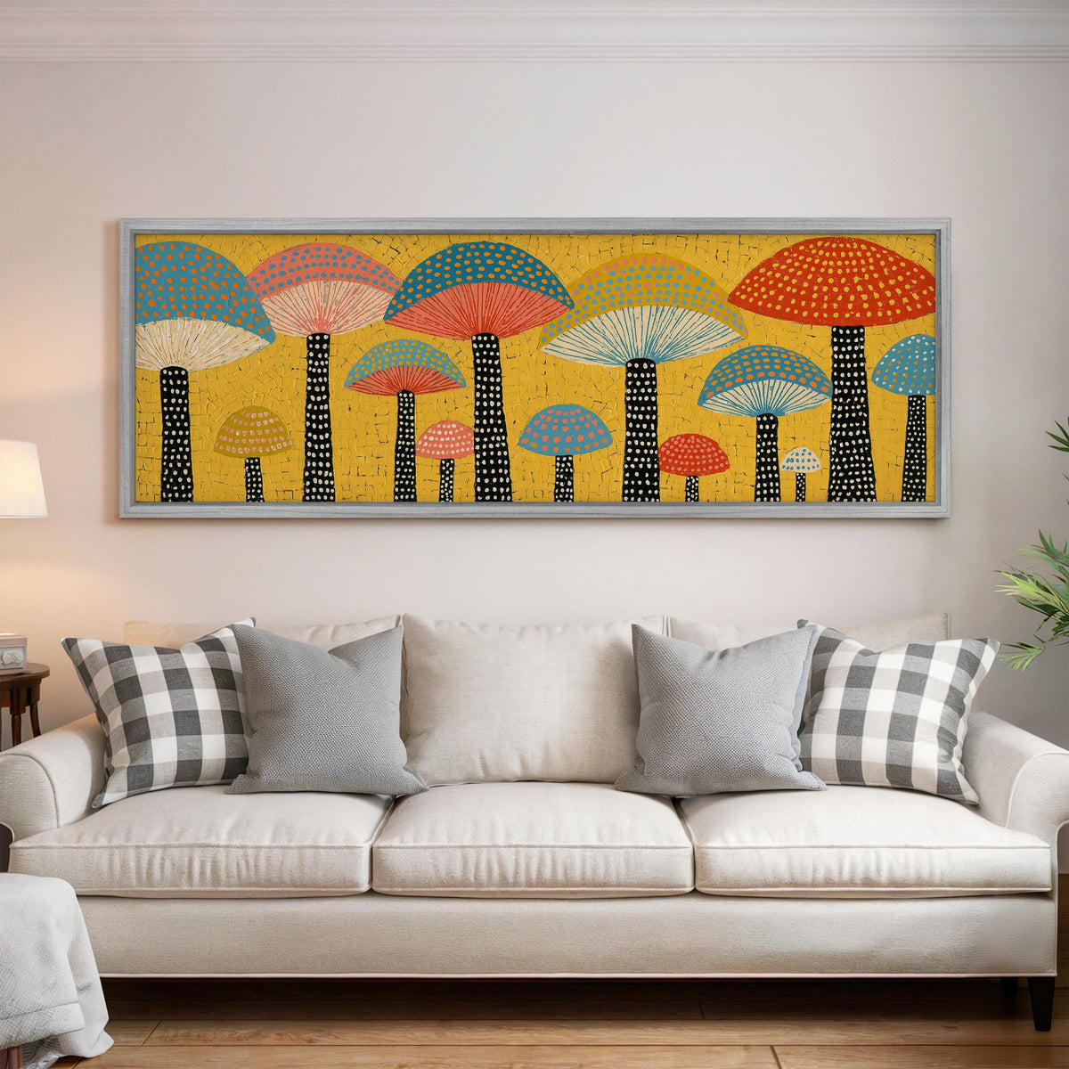 Golden mushroom parade panoramic canvas print above a white sofa in a bright living room
