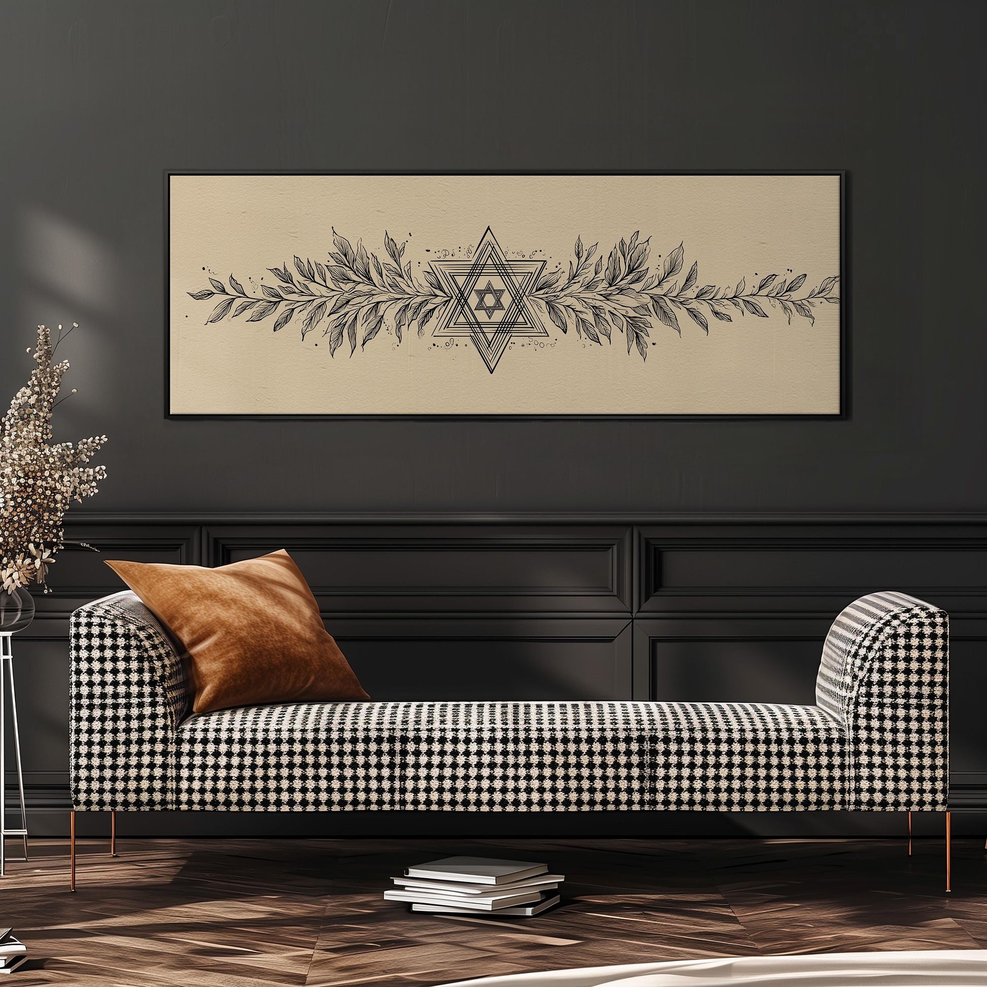 a black and white checkered sofa with a brown throw pillow, set against a dark wall with a framed artwork above it.