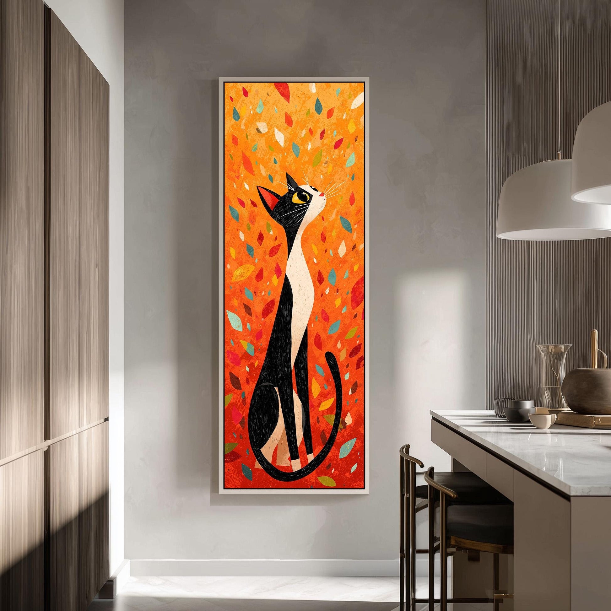 a large, colorful painting of a cat with a vibrant background of orange and yellow leaves.